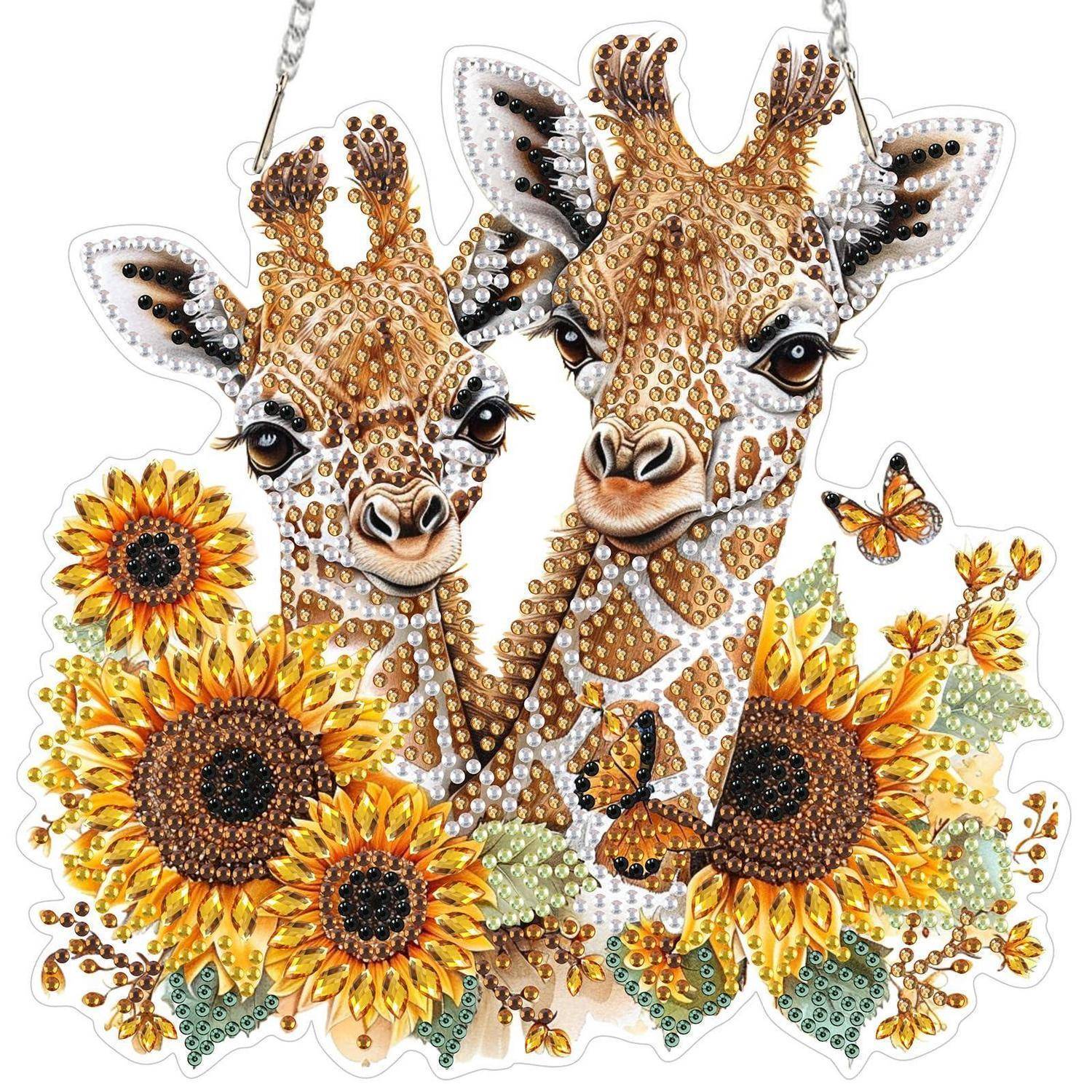 Zwei mit Edelsteinen besetzte Giraffen zwischen Sonnenblumen und Schmetterlingen, illustriert im funkelnden Diamantkunststil.