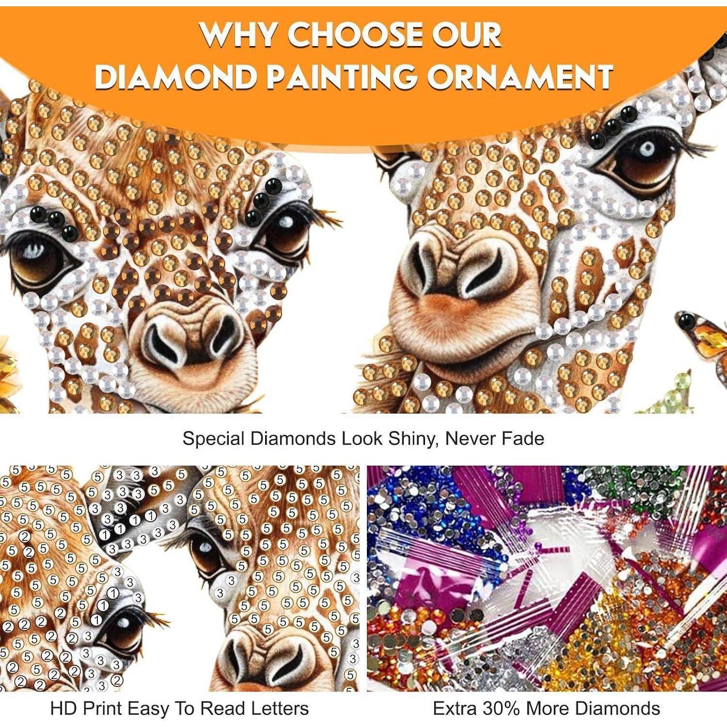Werbebilder für Diamantmalerei-Ornamente mit Kuhdesigns und Nahaufnahmen von funkelnden Diamantstücken mit folgendem Text: „Warum unser Diamantmalerei-Ornament wählen