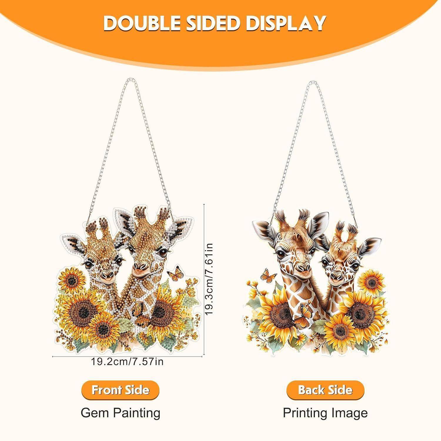 Produktbild, das ein beidseitiges hängendes Giraffen- und Sonnenblumen-Edelsteingemälde mit Vorder- und Rückansichten zeigt, die mit „Vorderseite