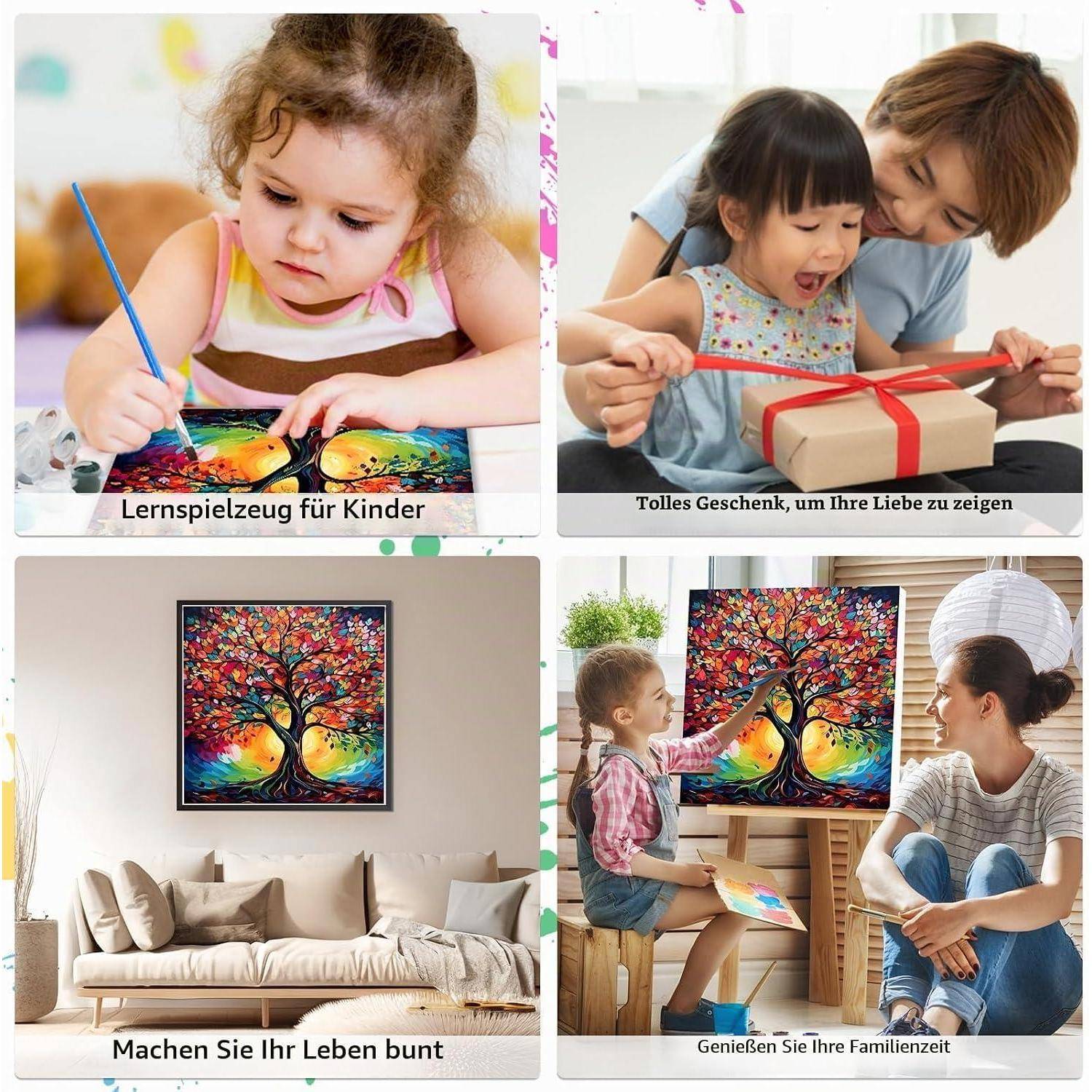 Vierpanel-Promotionscollage: Kinder malen, Kind öffnet ein Geschenk, buntes Baumkunstwerk im Wohnzimmer, und Mutter und Kind malen zusammen.