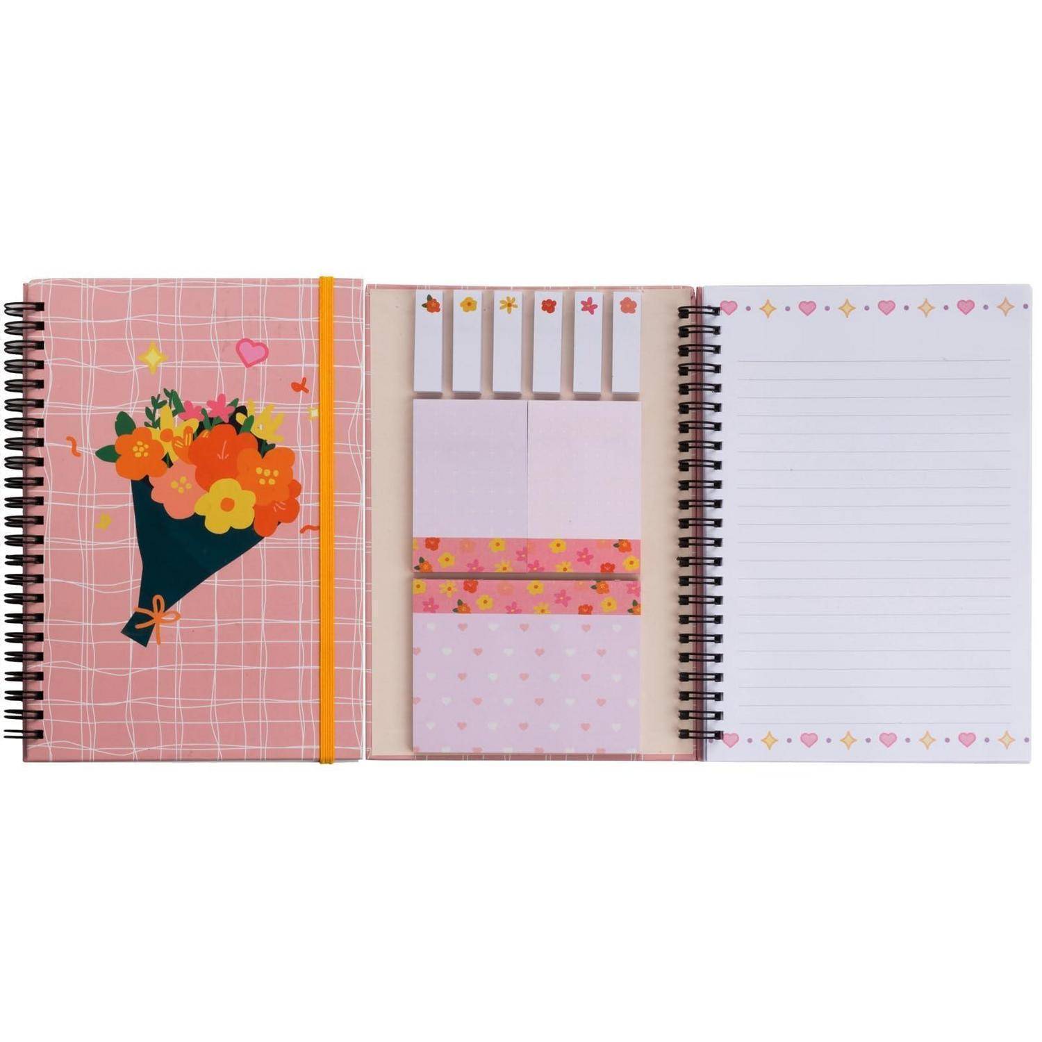 Offener spiralgebundener Planer mit rosa Blumendeckel, Haftnotizen, Seitenlaschen und einer linierten Notizenseite, die mit Herz- und Blumenrändern verziert ist.