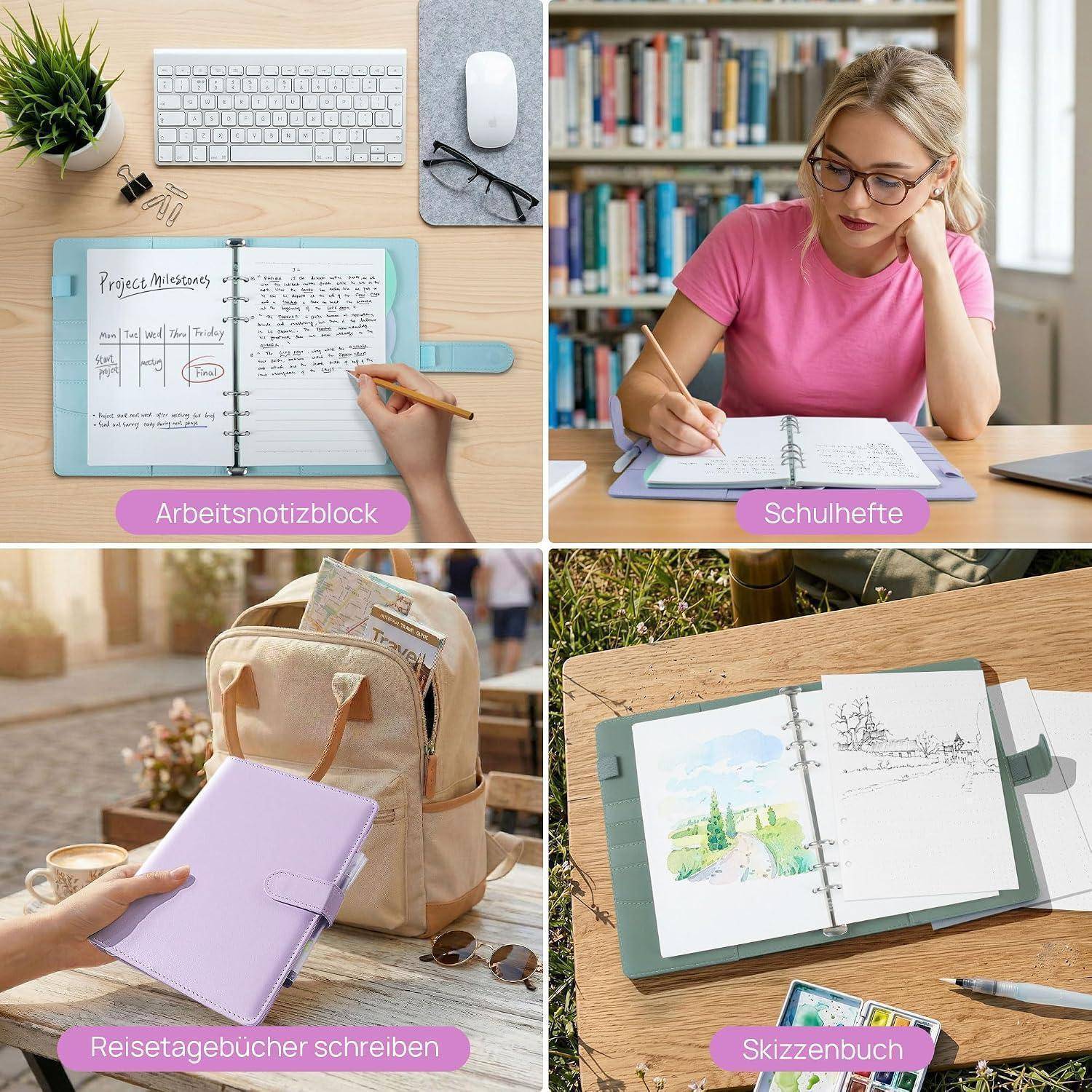Vierteiliges Bildmosaik von Notizbüchern in Gebrauch: Arbeitsnotizen an einem Schreibtisch, ein Student schreibt in der Klasse, ein Reisetagebuch neben einem Rucksack und ein Skizzenbuch mit Zeichnungen im Freien.