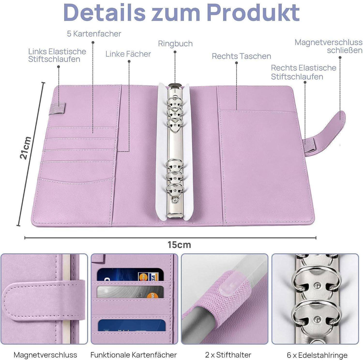 Violetter A5-Ringbinder-Planer flach geöffnet, beschriftet auf Deutsch mit 5 Kartensteckplätzen, Stiftschlaufen, Taschen, magnetischem Verschluss, 15 cm x 21 cm.