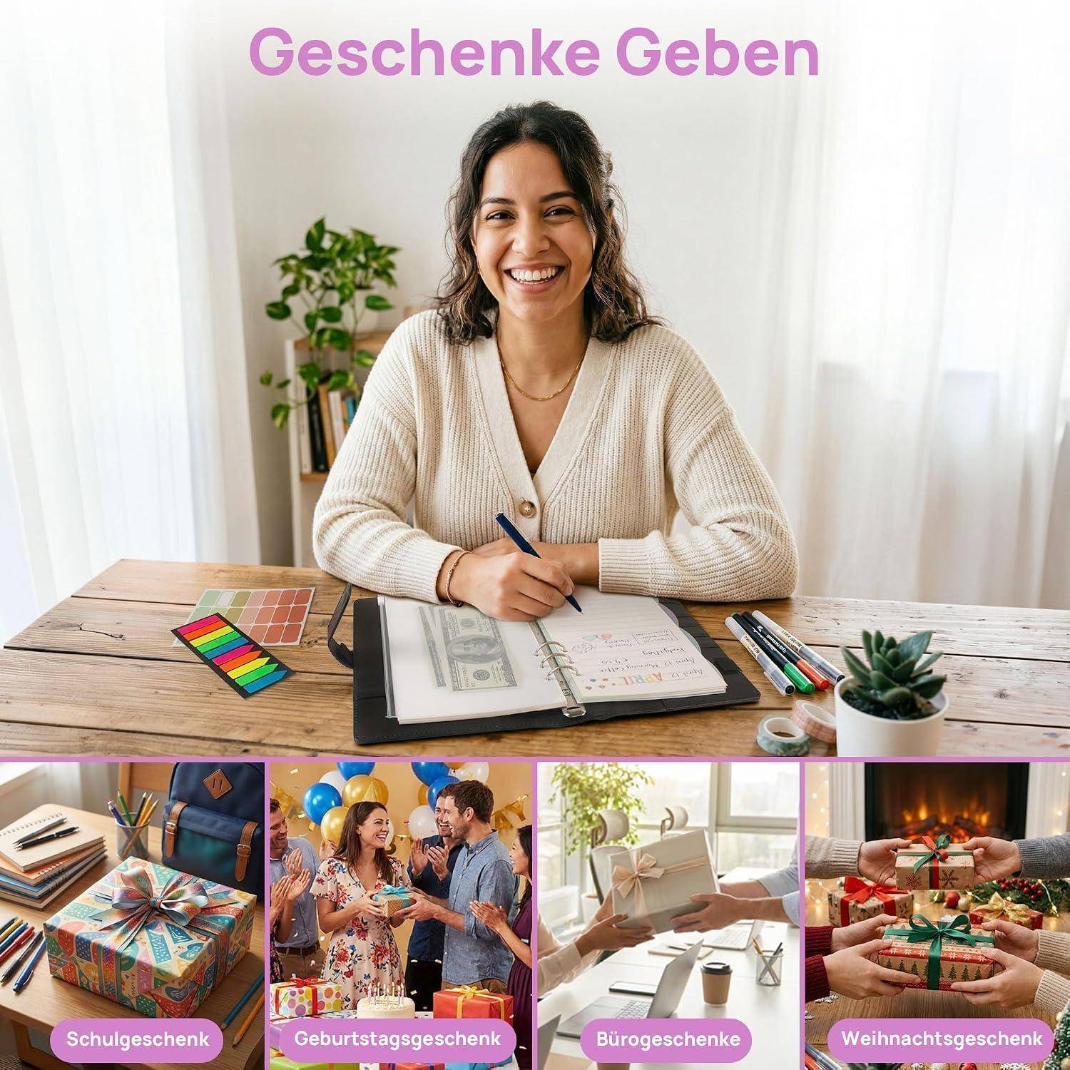 Lächelnde Frau schreibt in ein Notizbuch an einem Schreibtisch unter dem Titel „Geschenke Geben