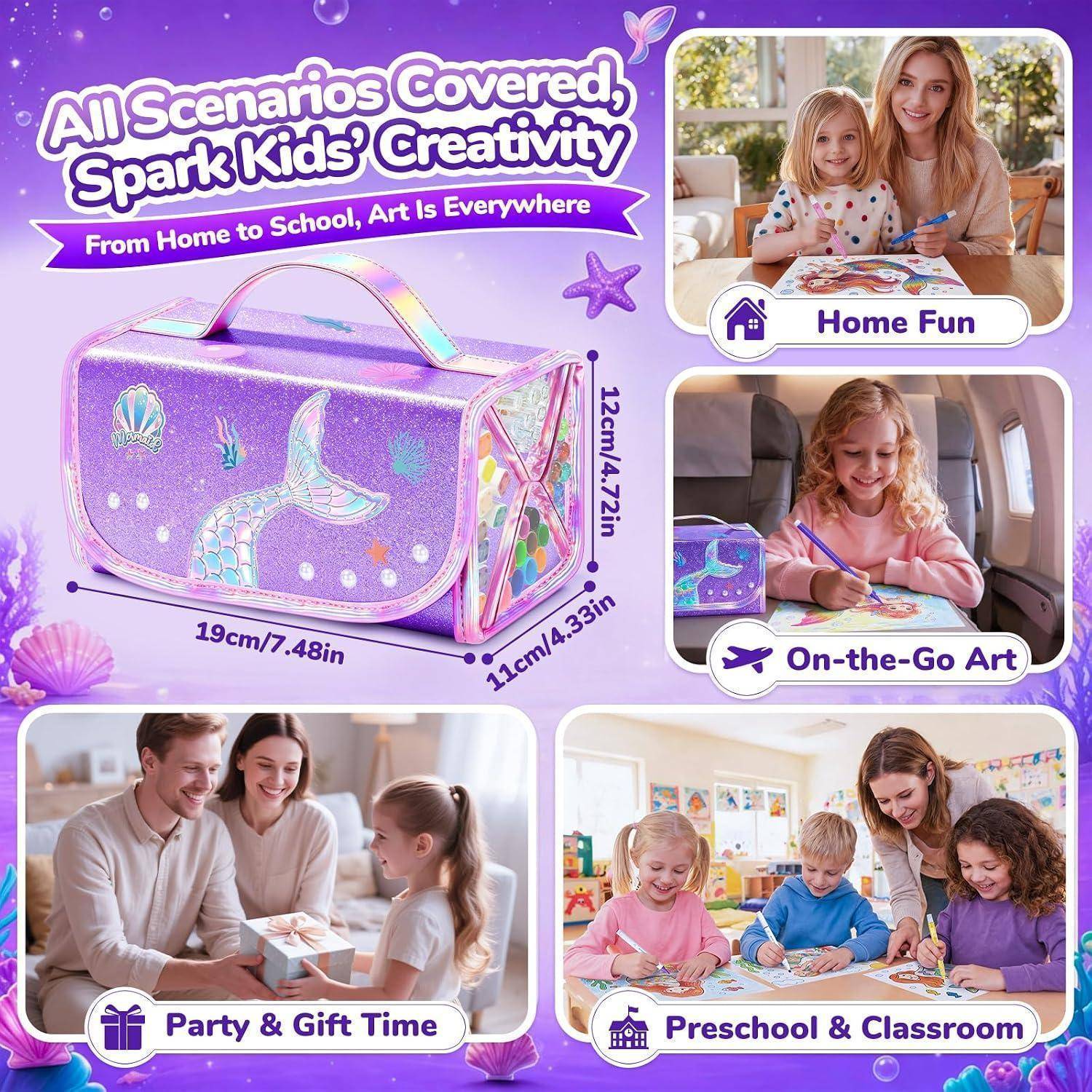 Werbebild eines glitzernden violetten Kunst-Koffers für Kinder, gekennzeichnet mit Abmessungen, gezeigt als tragbares Bastelset für Zuhause, Reisen, Feste und Klassenzimmer.