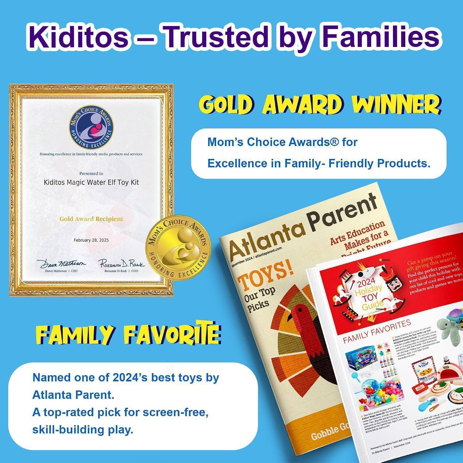 Werbegrafik, die Kiditos als von Familien vertraut zeigt, mit Goldpreisträger- und Familienliebling-Abzeichen, Erwähnungen in Magazinen und einem gerahmten Goldpreis-Zertifikat.