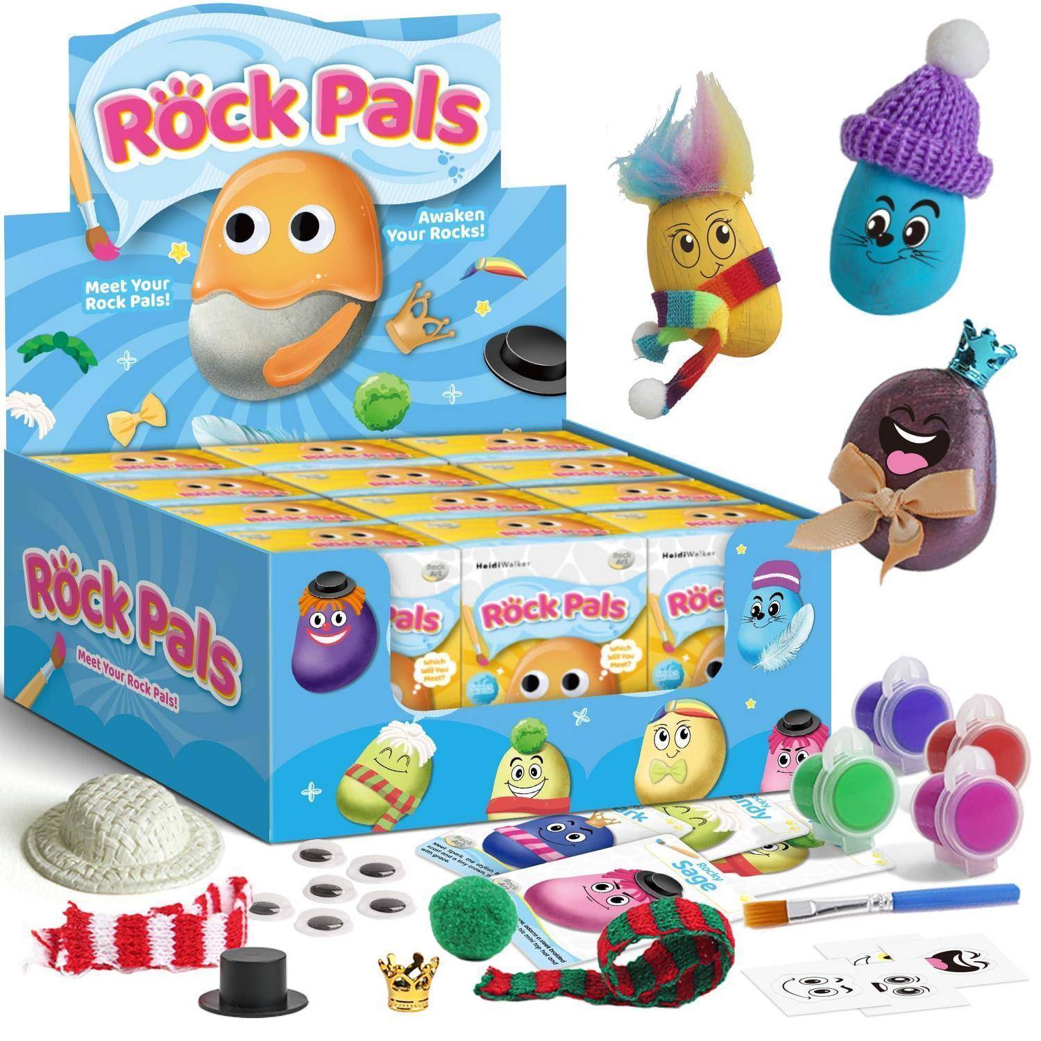 Rock Pals Spielzeugset-Display mit bunten Charakterfiguren, Zubehör und verpackten Blind Boxen in einer ladenähnlichen Präsentation.