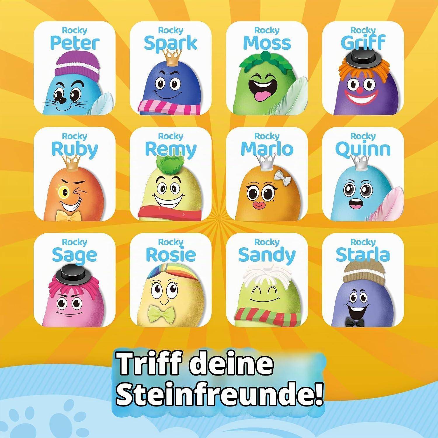 Farbenfrohe Plakatwerbung von 12 Cartoon-Steinfiguren namens Peter, Spark, Moss, Griff, Ruby, Remy, Marlo, Quinn, Sage, Rosie, Sandy und Starla, mit dem deutschen Slogan 'Triff deine Steinfreunde!' unten.