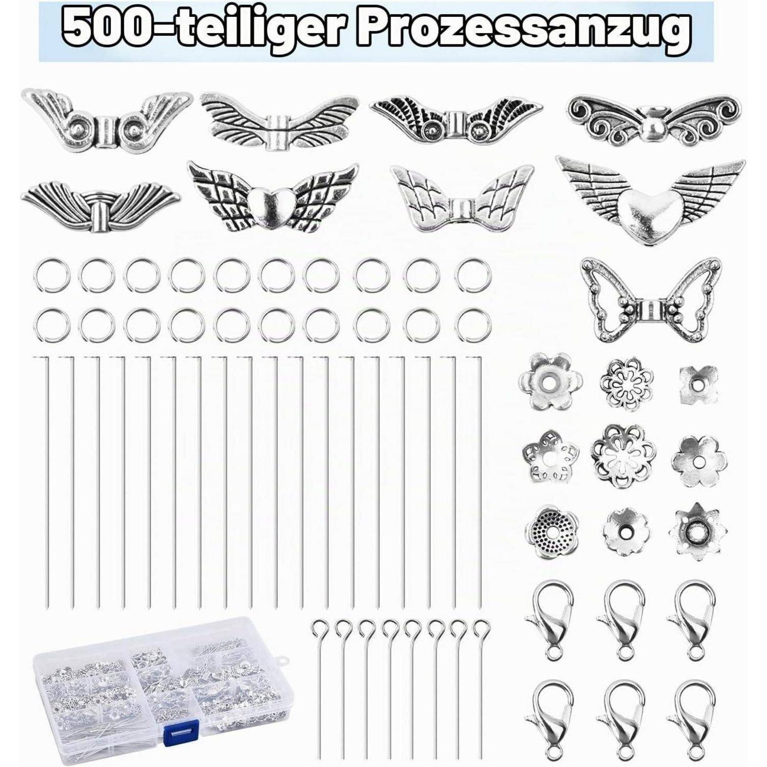 500er-Schmuckherstellungs-Set mit Flügelanhängern, Sprungringe, Kopfstifte, dekorative Perlen, Hummerkrallenverschlüsse und Aufbewahrungsbox