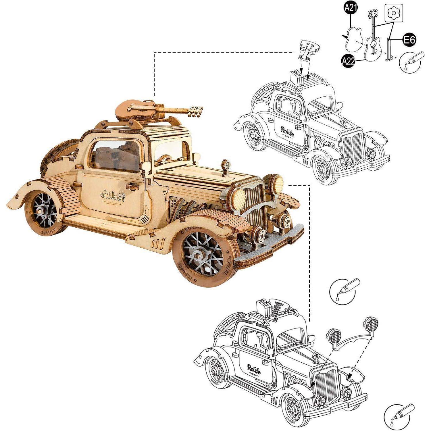 Illustration eines Holzmodellbausatz-Autos mit nummerierten Montagezeichnungen und Pfeilen, die zeigen, wie man Teile und Zubehör anbringt.