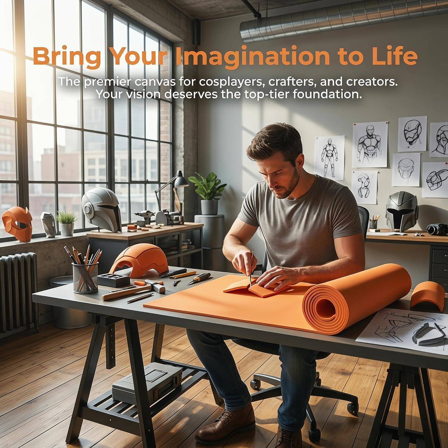 Ein Handwerker arbeitet mit orangefarbenem Schaumstoff auf einem Schreibtisch in einem Studio; das Bild trägt die Aufschrift „Bring Your Imagination to Life