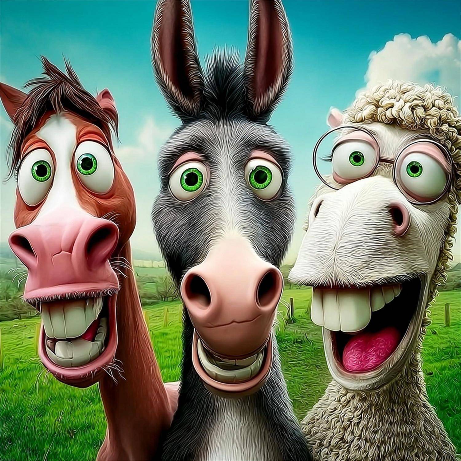 Drei Cartoon-Bauernhoftiere – ein Pferd, ein Esel und ein Schaf – starren den Betrachter mit übergroßen, weit aufgerissenen Augen und breiten Grinsern auf einer Wiese an.