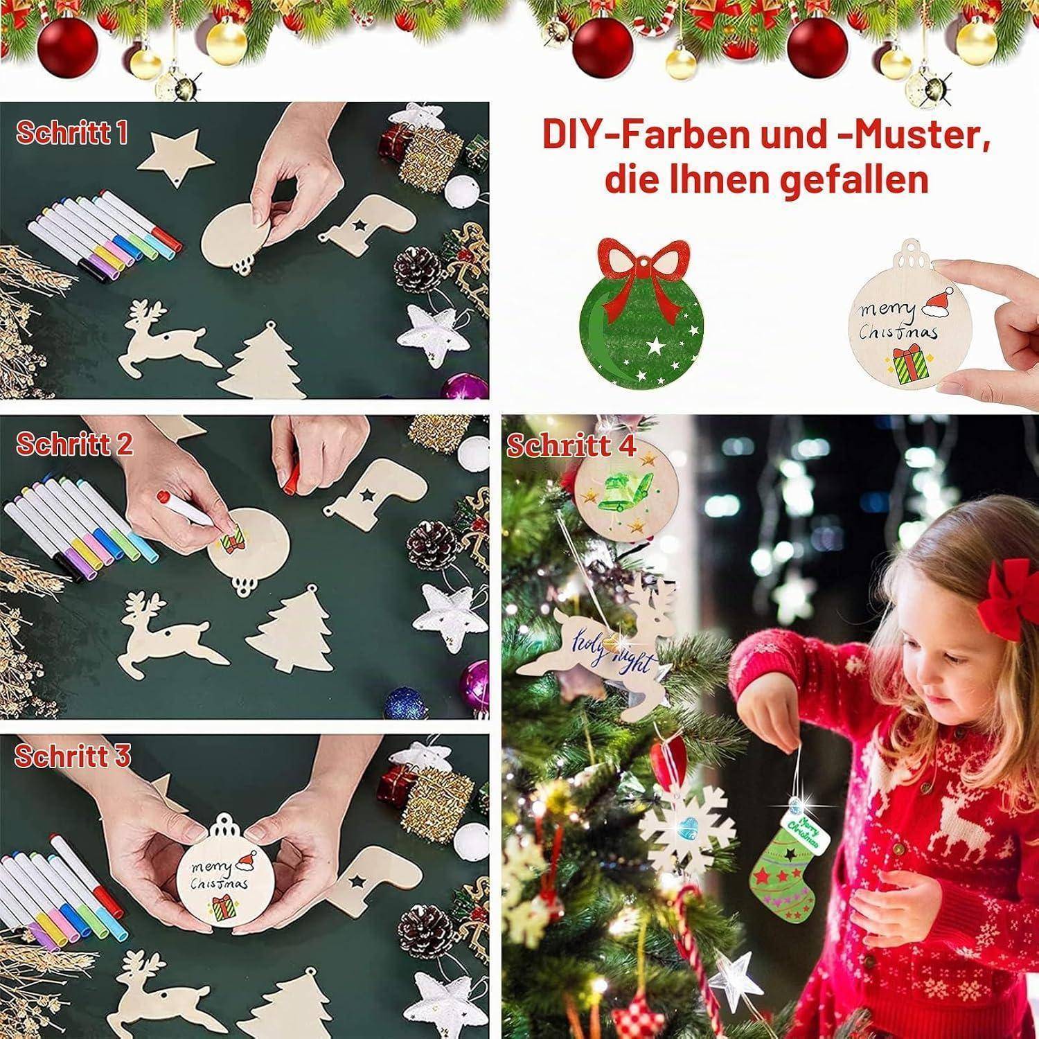 Weihnachtsbastel-Collage, die die Schritt-für-Schritt-Dekoration von runden Christbaumkugeln mit Markern und Aufklebern zeigt, gefolgt von einem Kind, das eine fertige Christbaumkugel an einem Baum aufhängt.