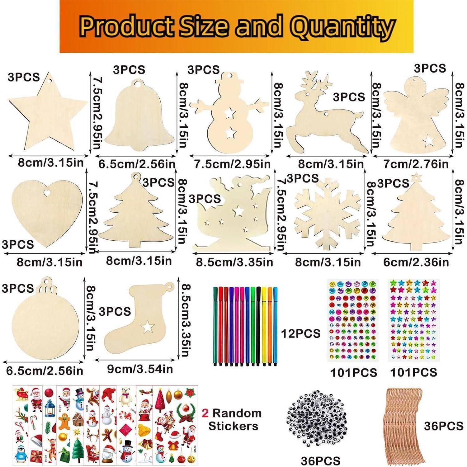 Übersicht der Inhalte und Größen des Holzhandwerk-Sets, mit 3er-Stanzteilen, 12 Markern, 101er-Aufkleberbogen, 2 zufälligen Aufklebern, 36 Perlen und 36 Clips.
