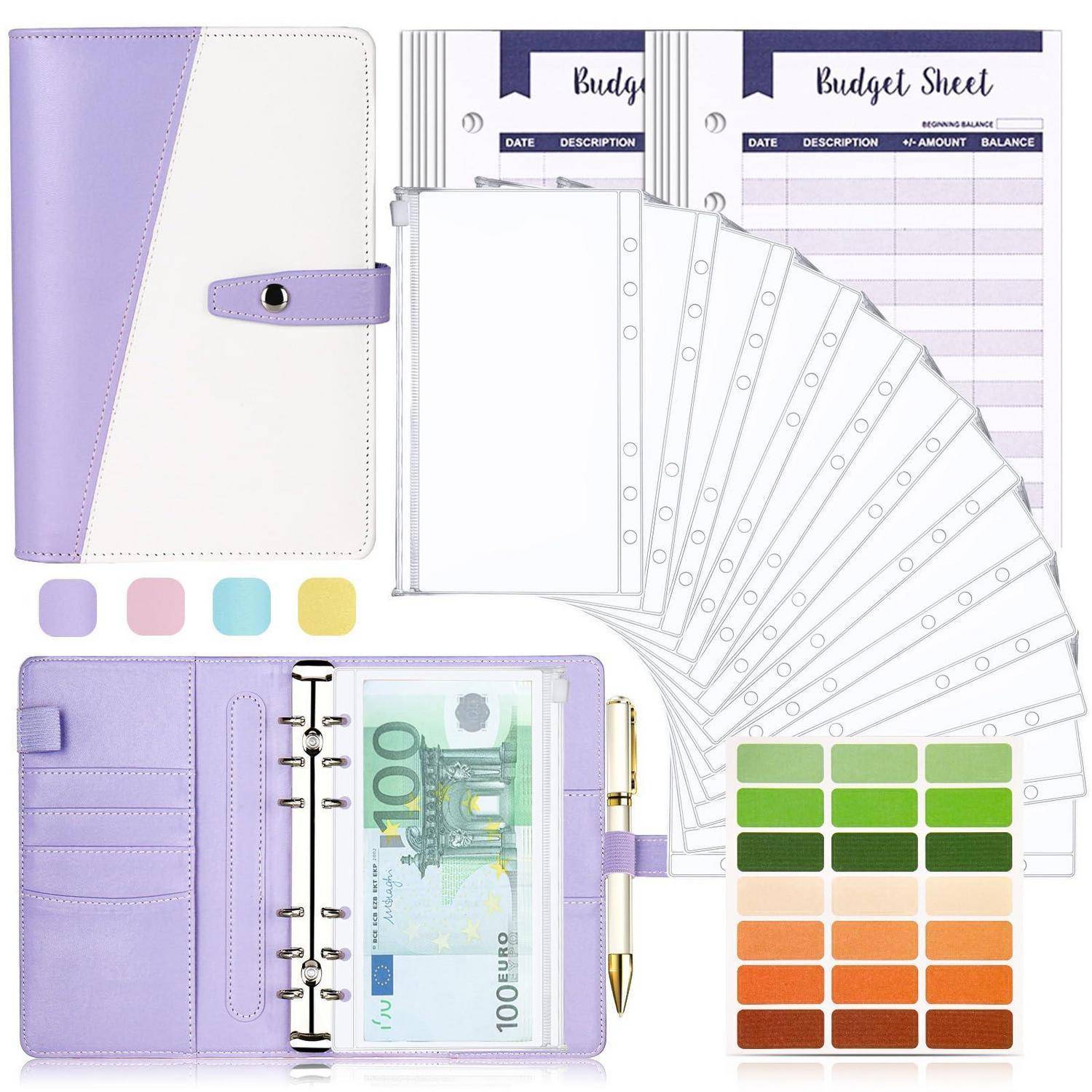 Lavendel-Ringbinder-Budgetplaner-Set mit Budgetblättern, klaren Umschlägen, Stift, Farbregistern und Bargeld-Umschlagtrennern zur Verfolgung persönlicher Finanzen