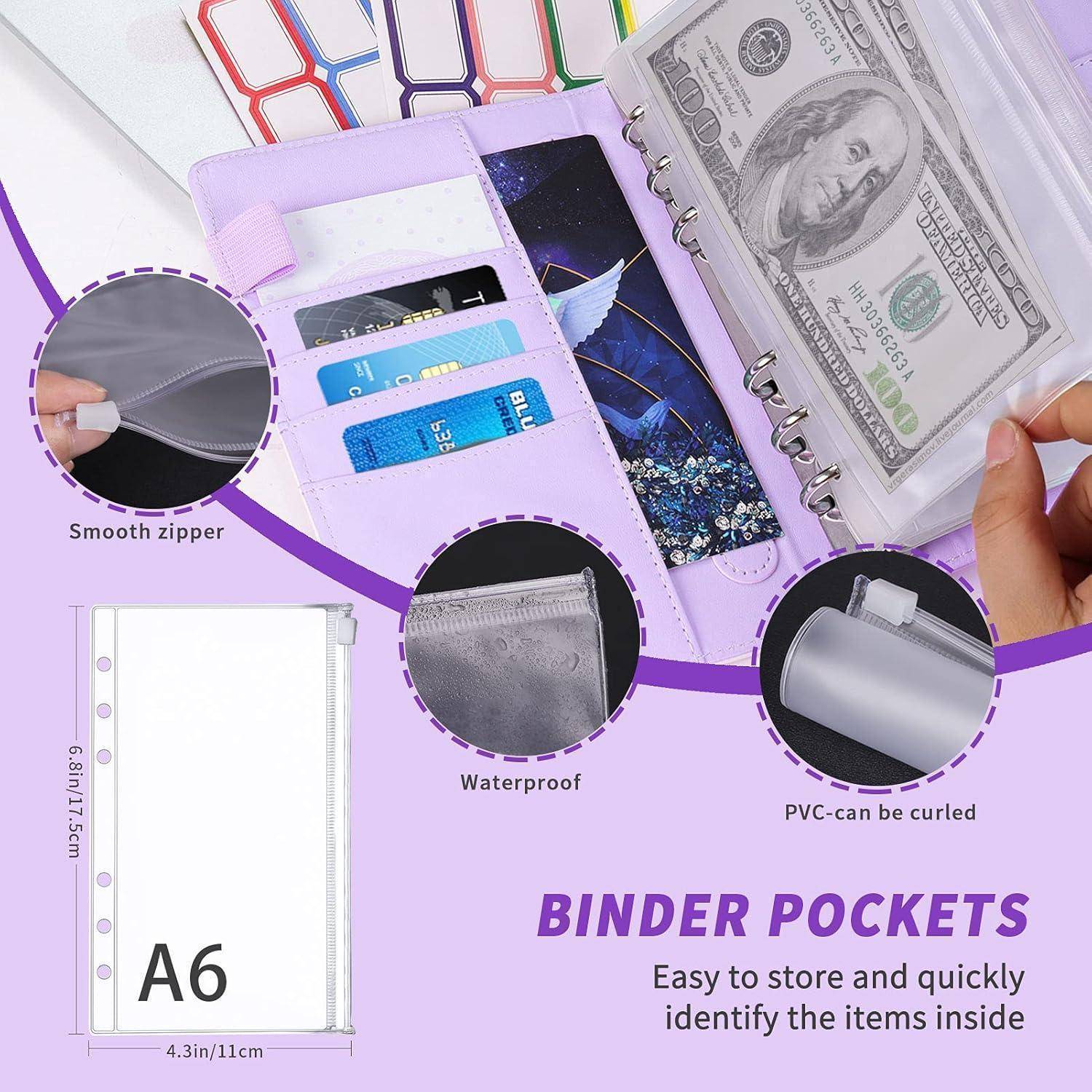 A6-Bindermappen mit Reißverschluss und Kartenfächern zum Aufbewahren von Bargeld, Karten und Fotos; Beschriftungen heben glatten Reißverschluss, wasserdichtes Material und flexibles PVC hervor.