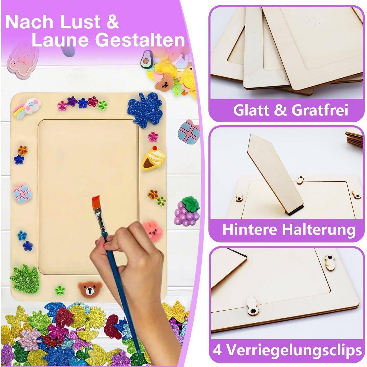 Bastelset mit unbeschichtetem Holzbrett, das gerade bemalt wird; eingefügte Nahaufnahmen zeigen glatte, gratfreie Teile, Ständer auf der Rückseite und vier Verriegelungsclips.