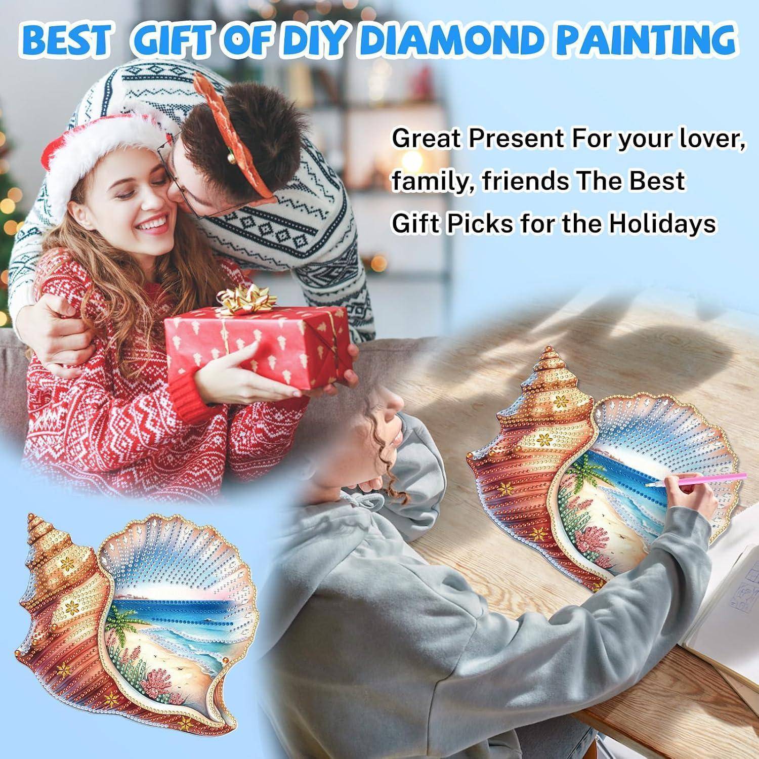 Werbecollagen für DIY-Diamantmalerei-Geschenkauswahl, die ein Paar zeigt, das ein Geschenk austauscht, und eine Person, die Muschelmuster malt; der Text lautet „BESTES GESCHENK VON DIY-DIAMANTMALEREI