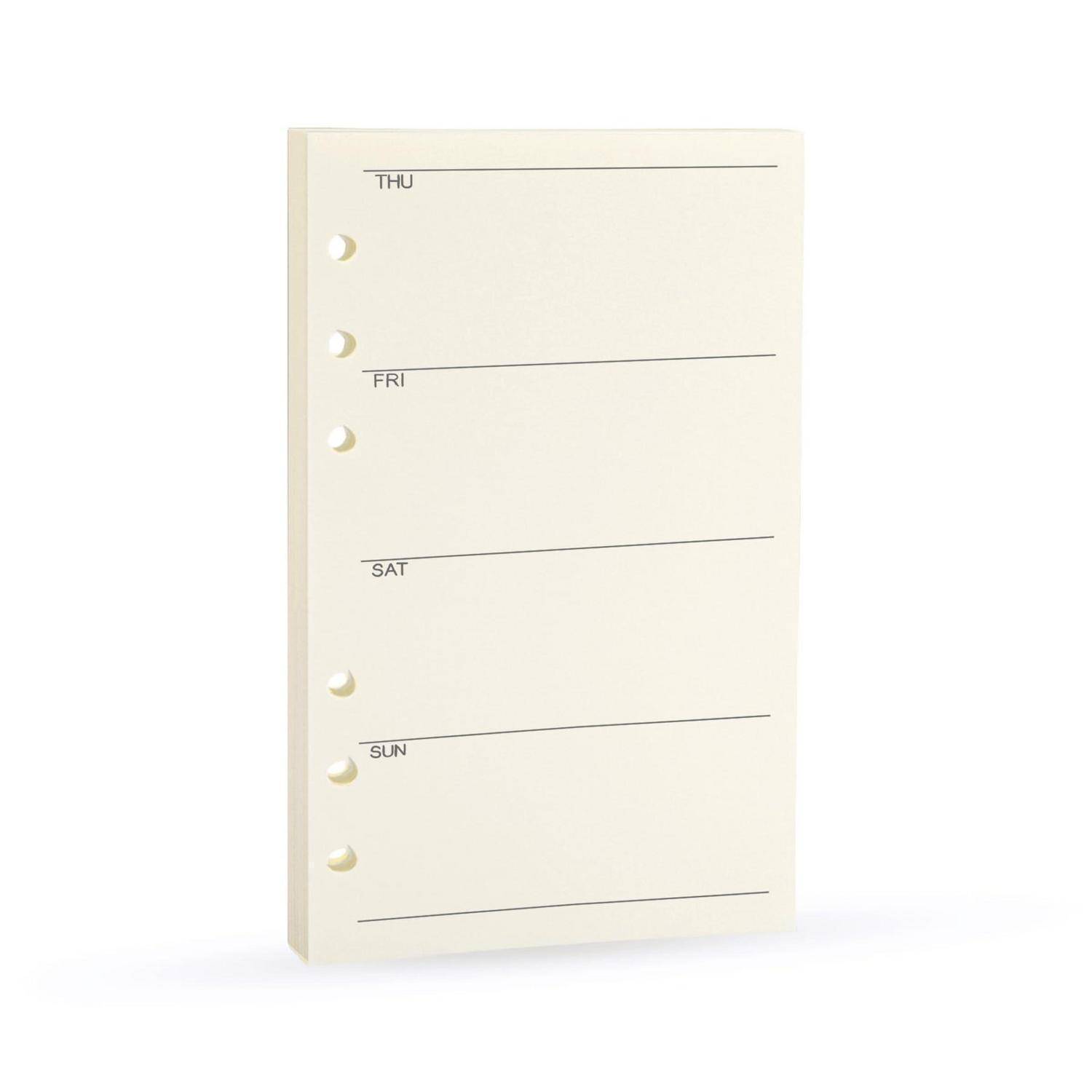 Creme-farbene Plannerseite mit Linien, gekennzeichnet mit DO, FR, SA und SO, plus Lochung an der linken Kante.