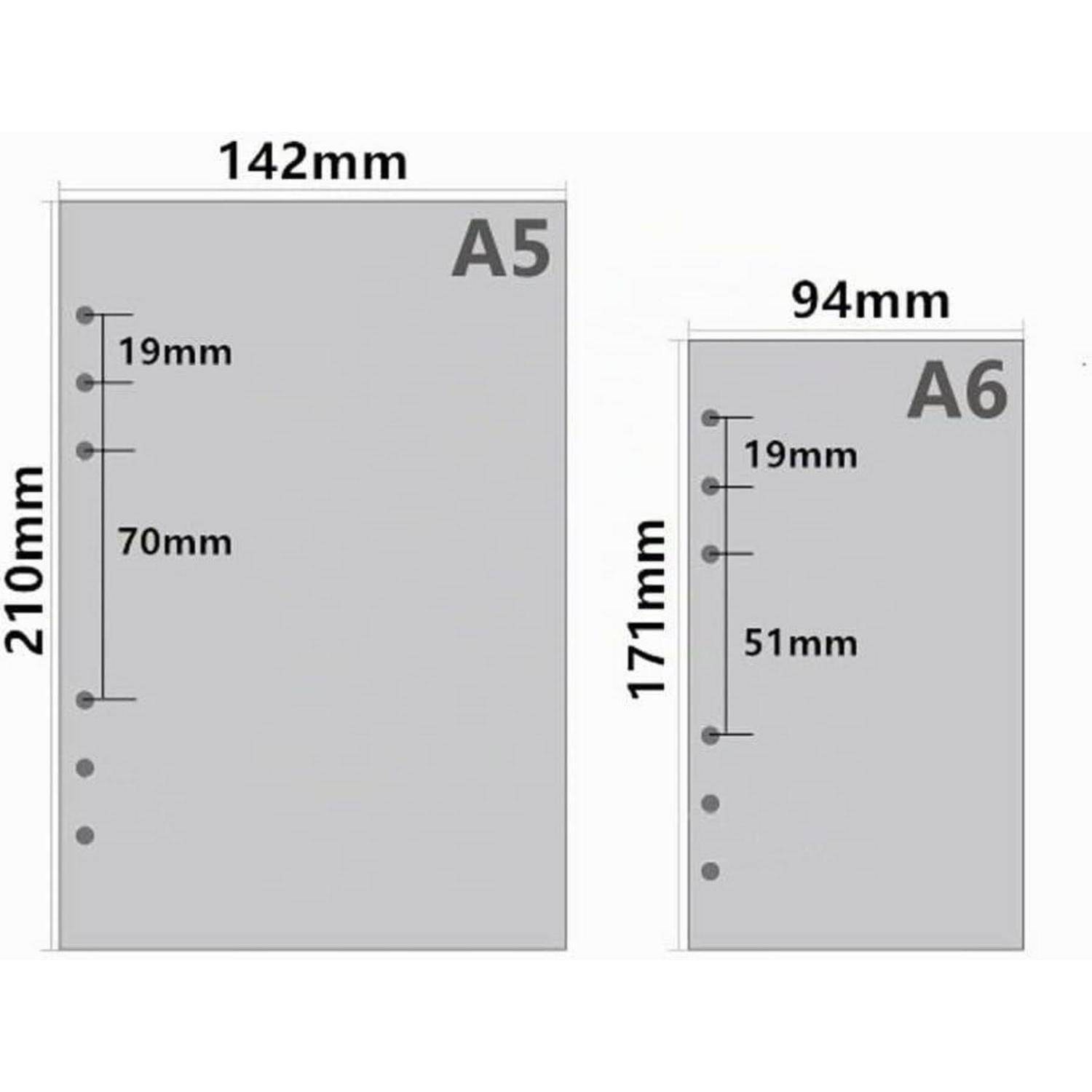 Diagramm zum Vergleich der Papierformate A5 und A6 mit drei Lochpositionen; A5 ist 142 mm × 210 mm, A6 ist 94 mm × 171 mm, mit 19 mm und 70 mm/51 mm Abstände dargestellt.