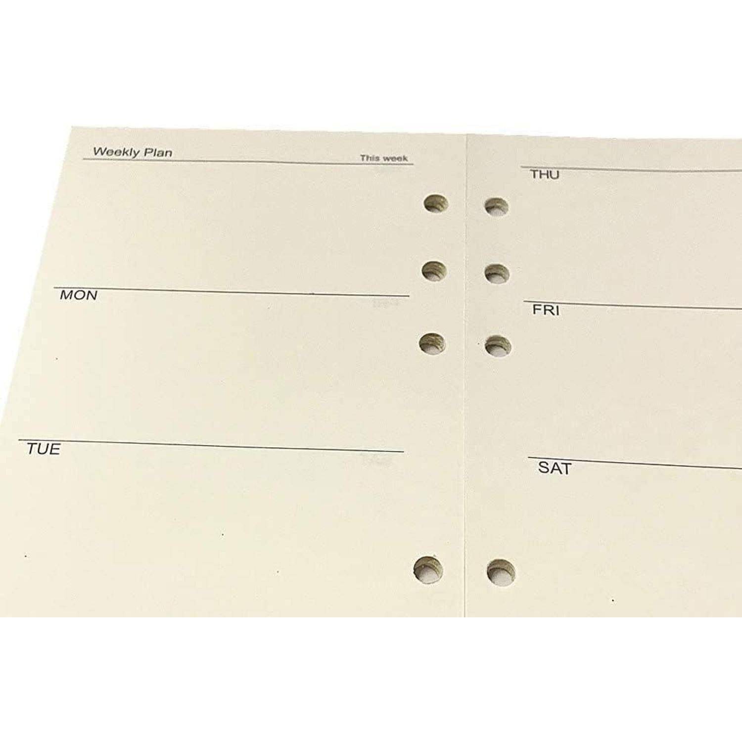Eine offene, leere Wochenplannerseite mit Abschnitten mit den Bezeichnungen Montag, Dienstag, Donnerstag, Freitag und Samstag, geteilt durch einen zentralen Ringbinder.