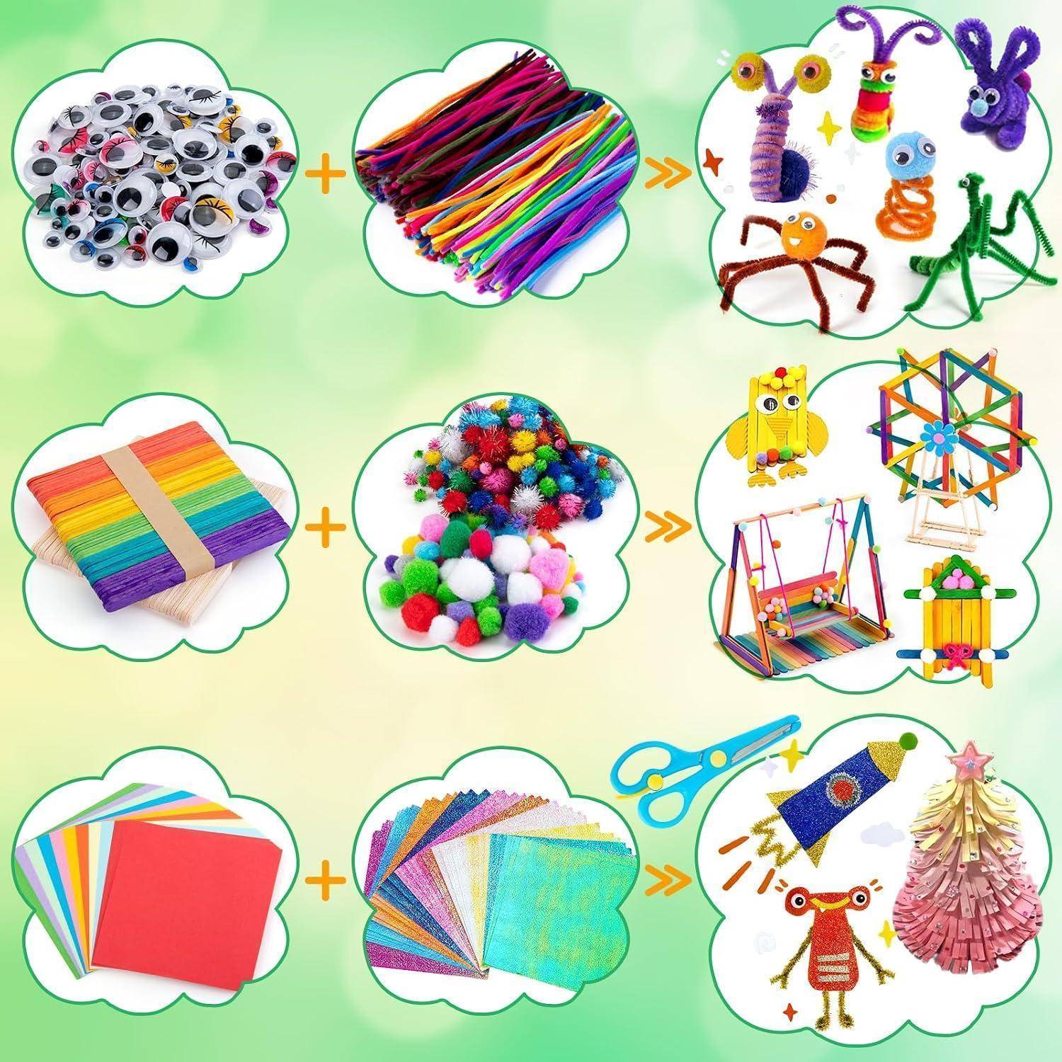Bastelmaterialien werden zu Kinderbastelarbeiten kombiniert: Kronkorken und Pfeifenreiniger ergeben Figuren, Regenbogenstäbchen und Pompons ergeben Spielzeug, Papier und Glitter schaffen Raketen und Bäume.
