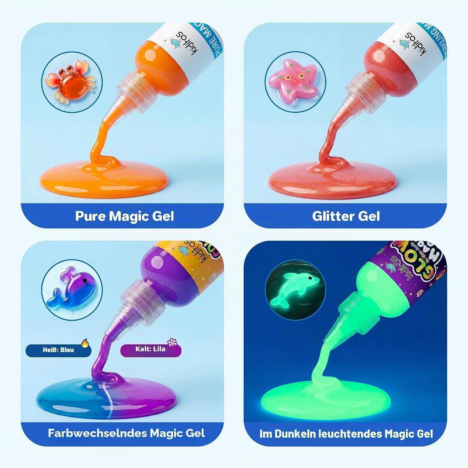 Vier Produktpaneele zeigen farbiges Gel aus Quetschflaschen: Pure Magic Gel, Glitter Gel, farbwechselndes Magic Gel und leuchtendes Magic Gel im Dunkeln.