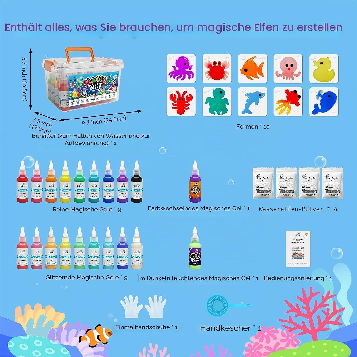 Deutsches Produktbild mit einer magischen Elfenhandwerkskits mit Aufbewahrungsbox, 10 Formen, farbigen Gelen, farbwechselnden und leuchtenden Gelen, Pulver, Handschuhen, Schaber und Anleitung.