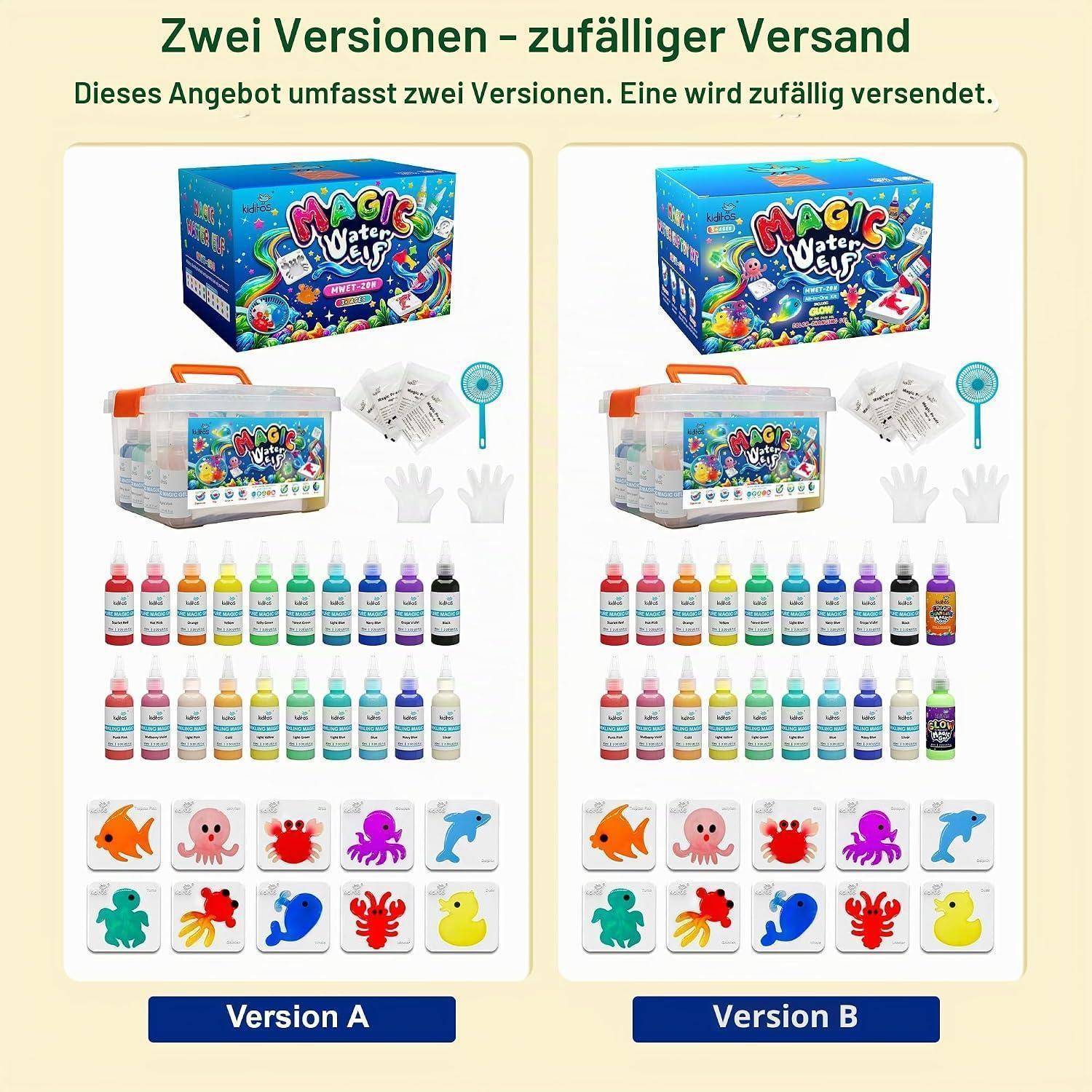 Produktvergleichsgrafik mit dem Titel „Zwei Versionen – zufälliger Versand": zwei Magic Water Eru-Versionen, A und B, mit Boxsets, Flaschen, Formen und Charaktersymbolen; eine Version wird zufällig versendet.