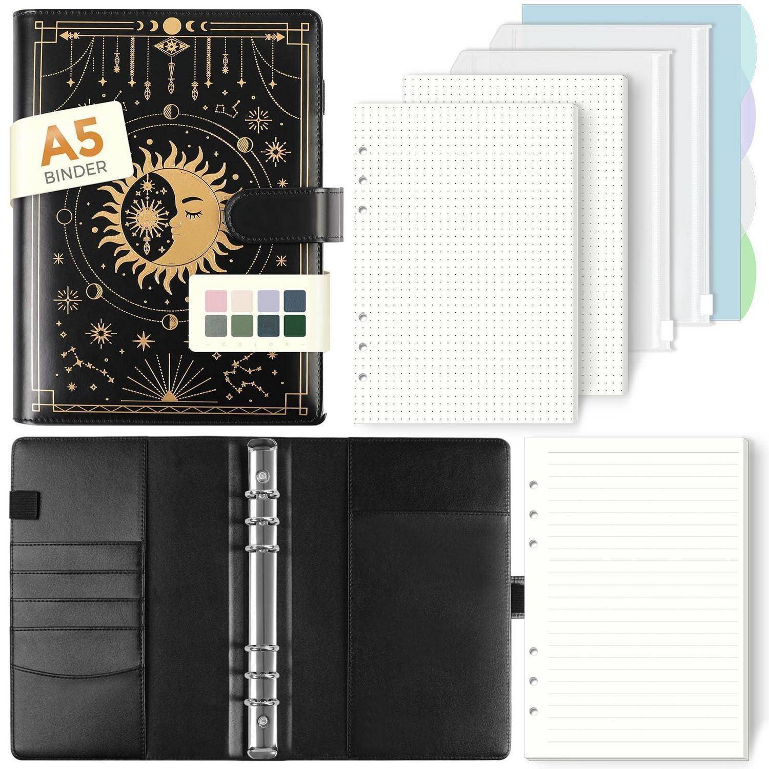 Ein A5-Binderplaner-Set mit schwarzem Himmelsmotiv-Cover, Druckknopfverschluss, nachfüllbaren Seiten und linierten Notizbuch-Einsätzen, geöffnet und geschlossen dargestellt.