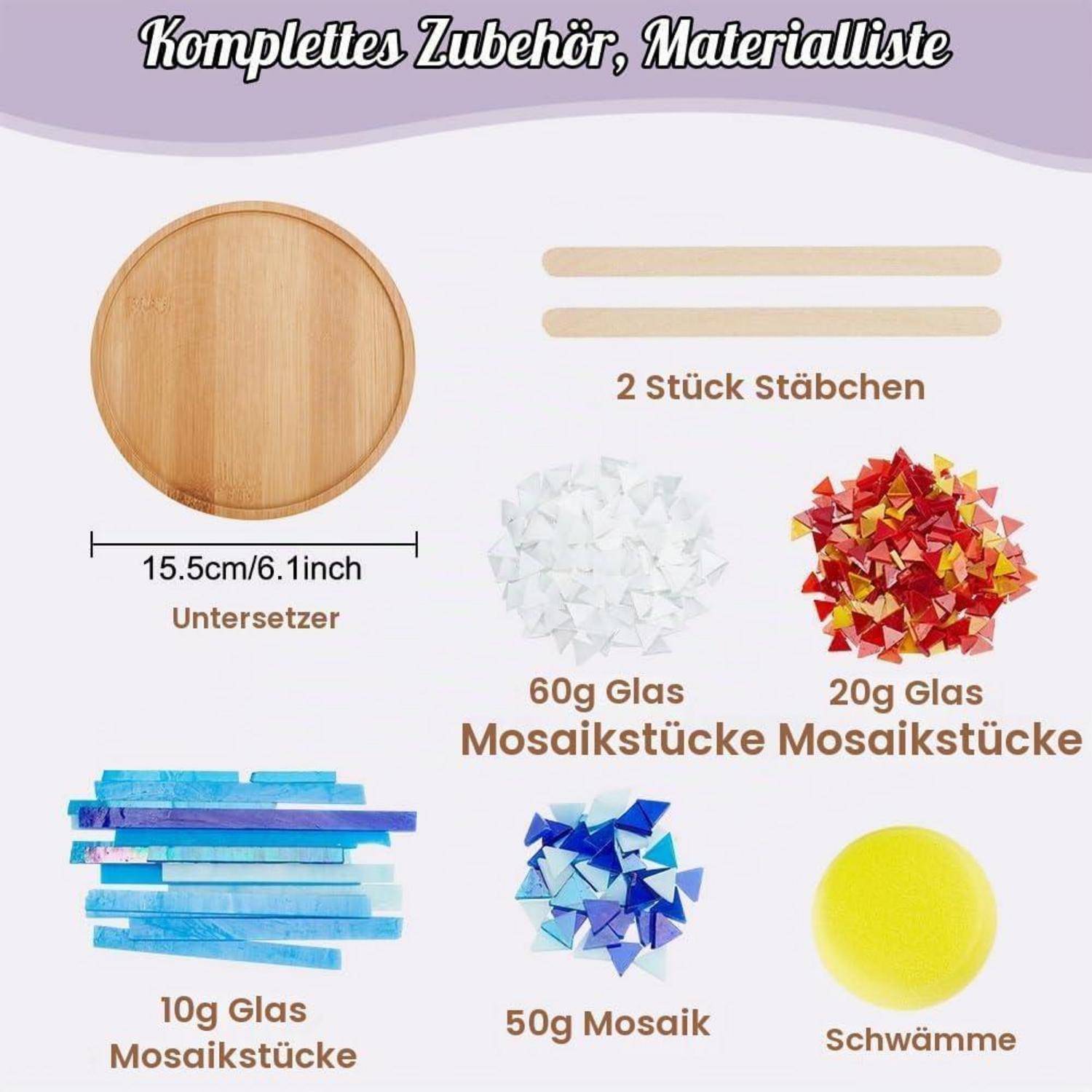 Materialliste für ein Mosaic-Bastelset: 15,5 cm Holzuntersetzer, 2 Stöcke, 60 g weiße Glasplätzchen, 20 g rot/gelbe Glasplätzchen, 10 g blaue Glasplätzchen, 50 g Mosaikstücke und einen Schwamm.
