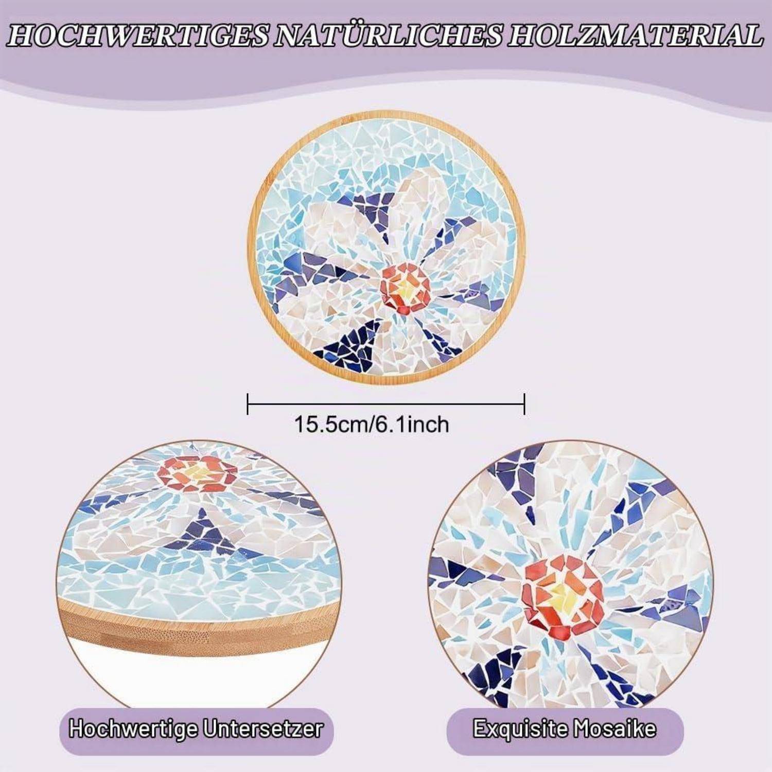 Produktbild eines runden Mosaik-Holzuntersetzer/Untersetzer mit Blumenmotiv, gezeigt in drei Ansichten, beschriftet mit 15,5 cm/6,1 Zoll und „Hochwertiges natürliches Holzmaterial