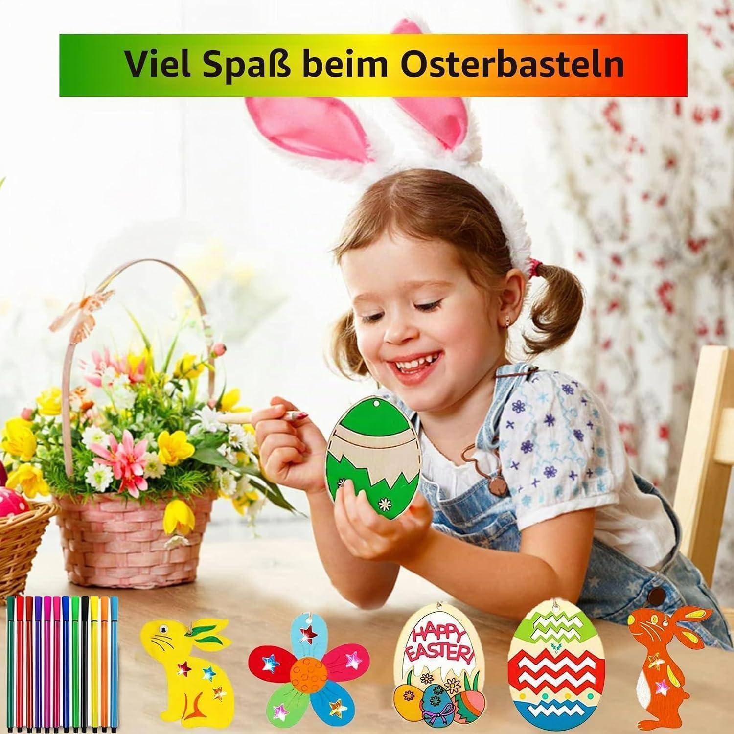 Lächelndes Kind mit Hasenohren, das ein Osterei anmalt, mit dem Text „Viel Spaß beim Osterbasteln