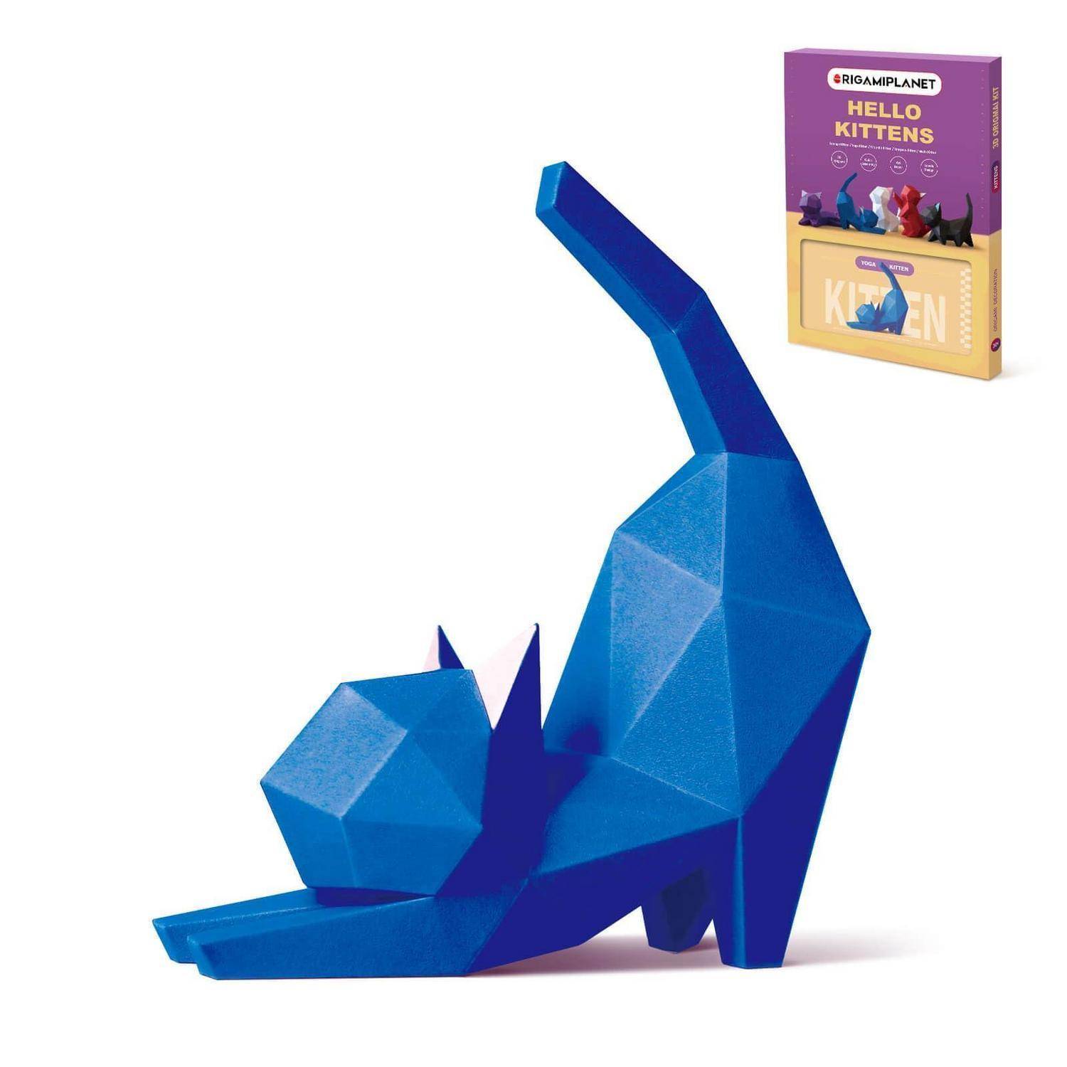 Blaurot geometrische Katzenfigur mit erhobenem Schwanz; „Hello Kittens
