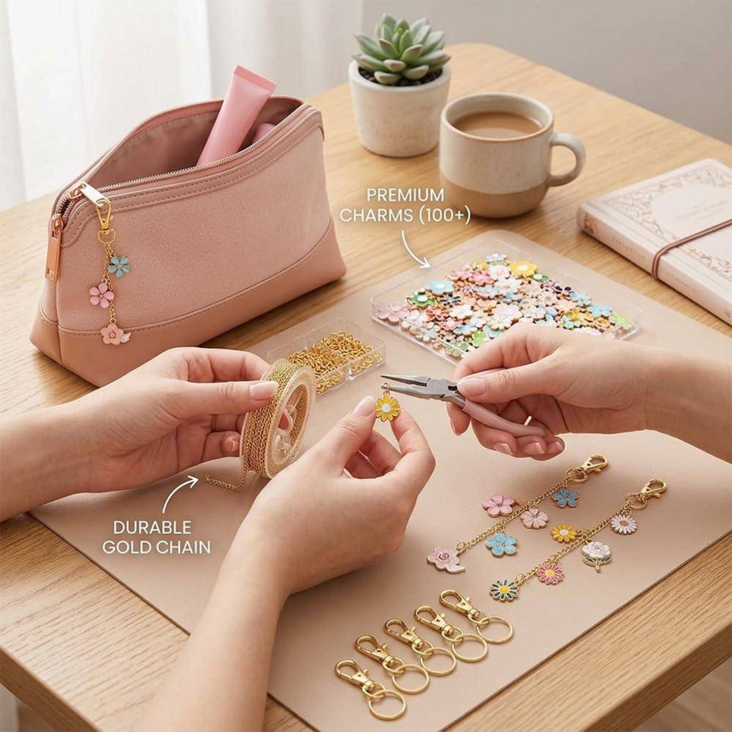 Hände, die ein Charm-Accessoire mit goldener Kette und pastellfarbenen Charms auf einem Schreibtisch zusammensetzen; gekennzeichnet mit „PREMIUM CHARMS (100+)" und „LANGLEBIGE GOLDKETTE"".
