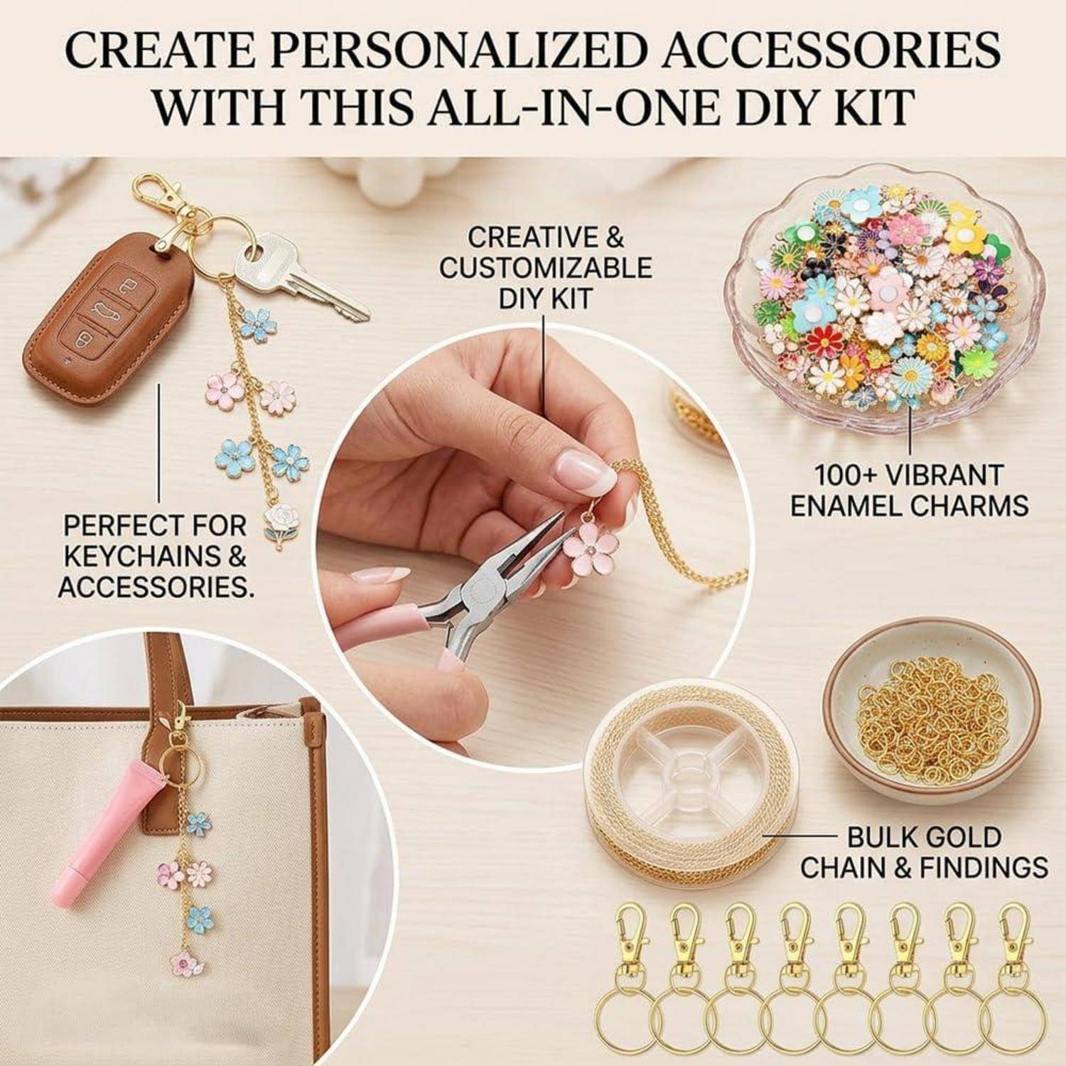 Werbegrafik für ein All-in-One-DIY-Zubehörset, das Hände zeigt, die eine Charm-Halskette mit „100+ lebendigen Emaille-Charms", Goldkette und Schlüsselanhängern/Taschenzubehör zusammenbauen.
