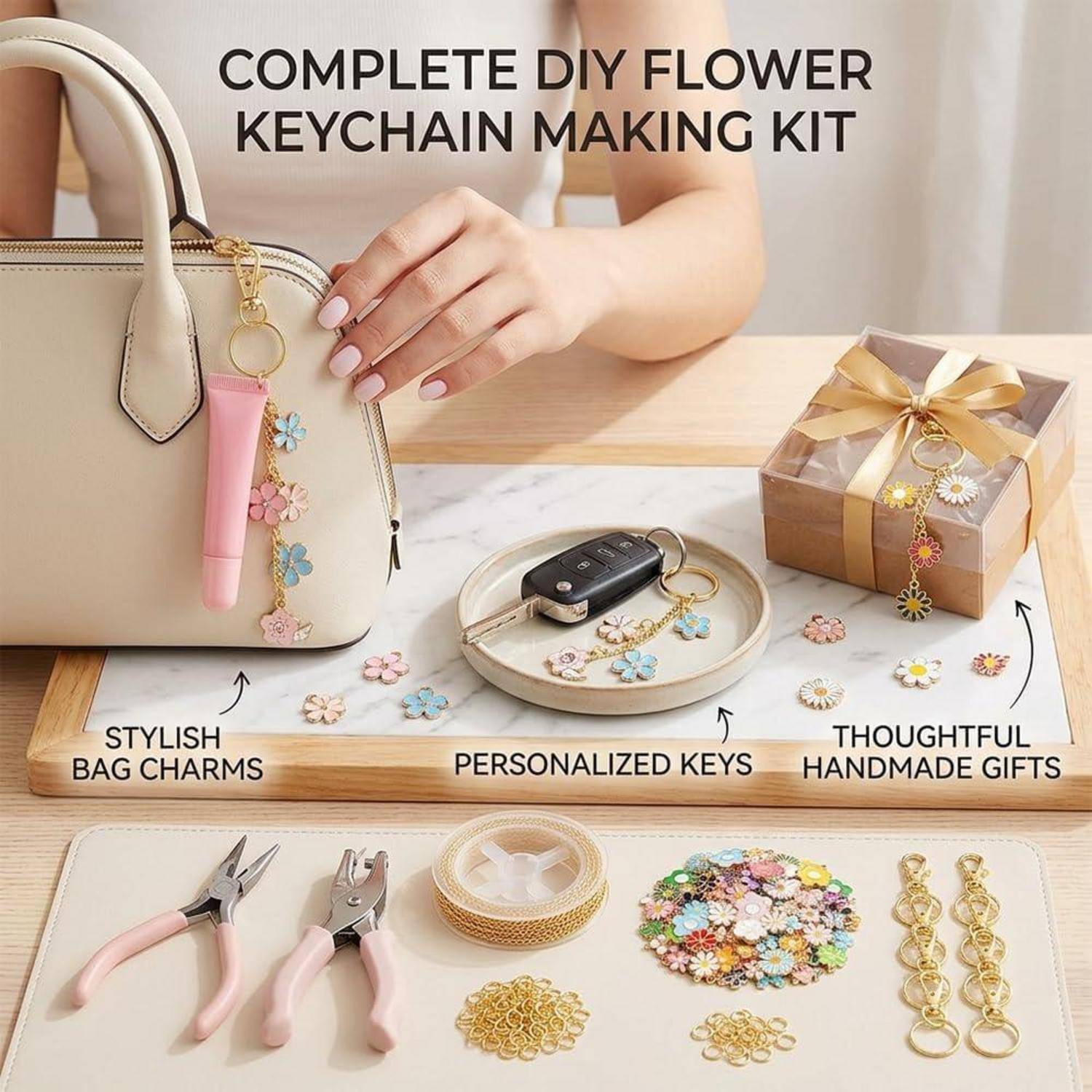 Werbebild für ein „Komplettes DIY-Blumen-Schlüsselanhänger-Set" mit dekorierten Handtaschen-Charms, personalisierten Schlüsseln, handgefertigter Geschenkbox und enthaltenen Werkzeugen und Materialien.
