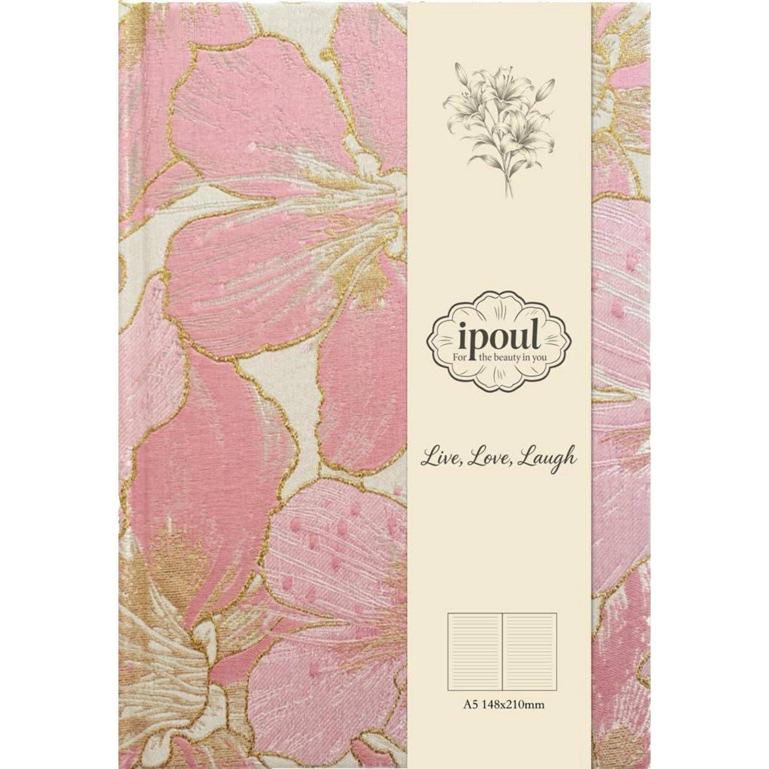 Rosa Notizbucheinband mit Blumenmuster, Goldadern und einem beigen Mittelband mit der Aufschrift „ipoul
