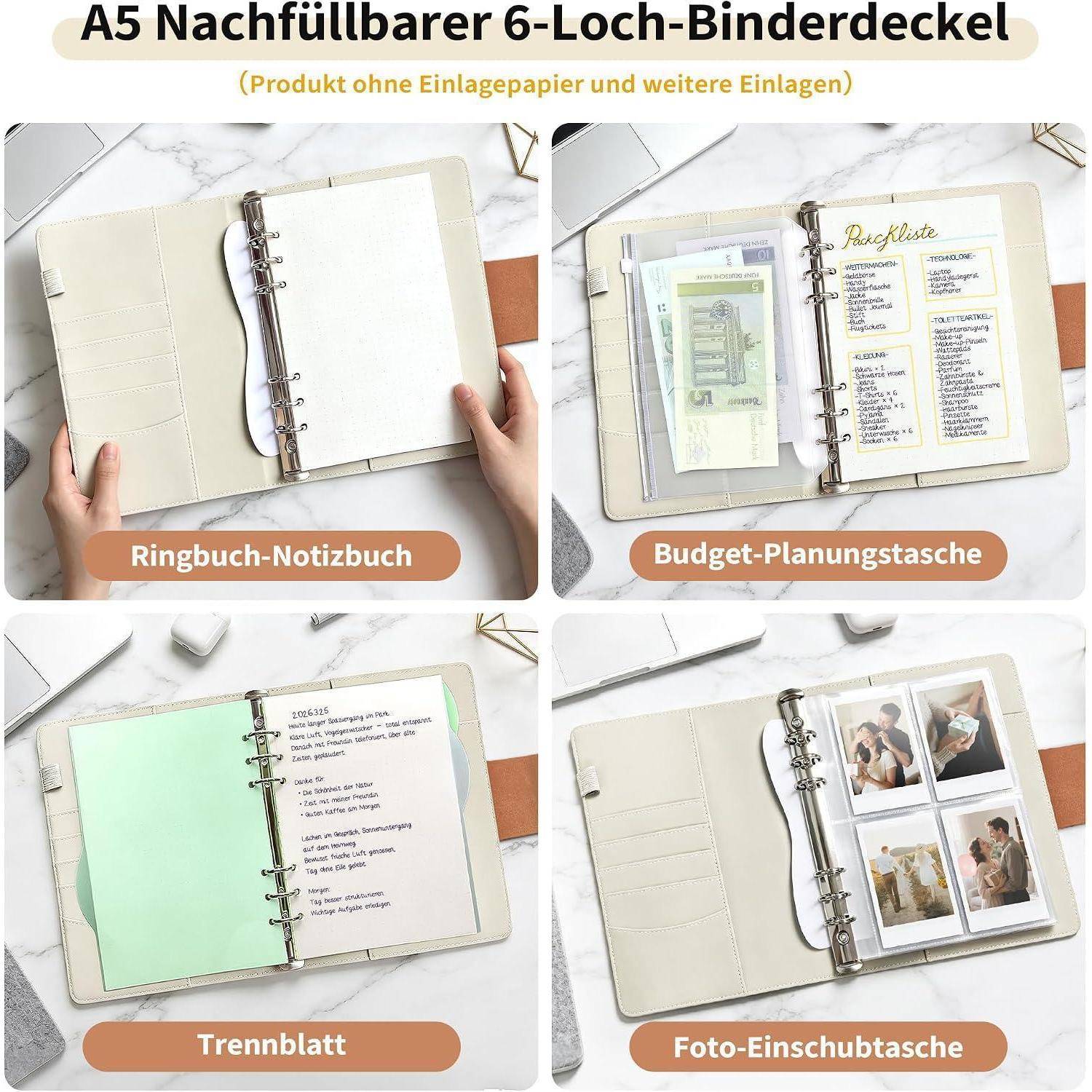 Collage eines wiederaufladbaren A5-Ringbinderblatts, das als Notizbuch, Budgetplaner, Trennblatt und Fototascheneinlage-Optionen gezeigt wird.