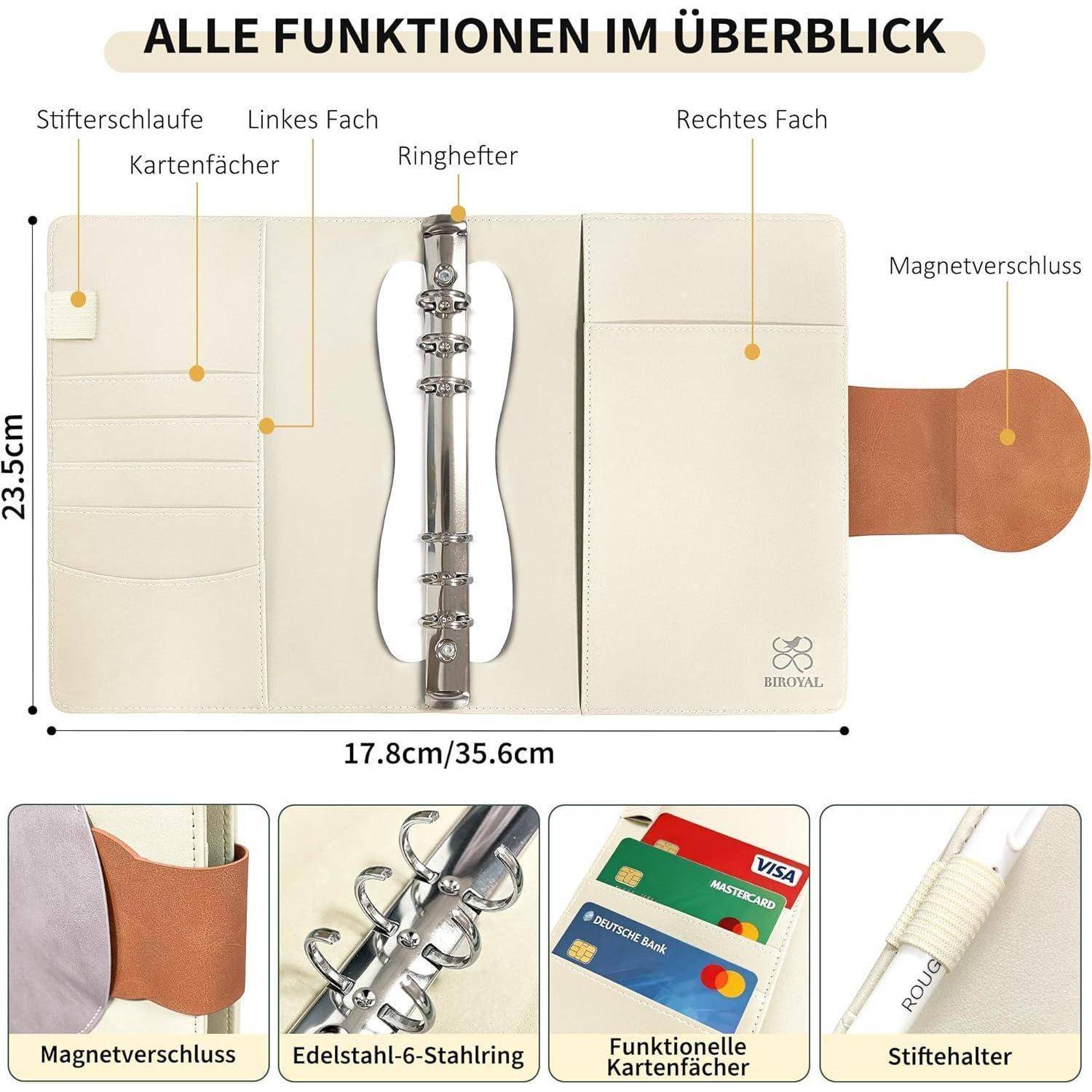 Illustrierter Planer-Organizer mit gekennzeichneten Funktionen: Stiftschlaufe, Kartentaschen, Ringbinder, rechtes Fach, Magnetverschluss und Größe 17,8 x 35,6 cm.