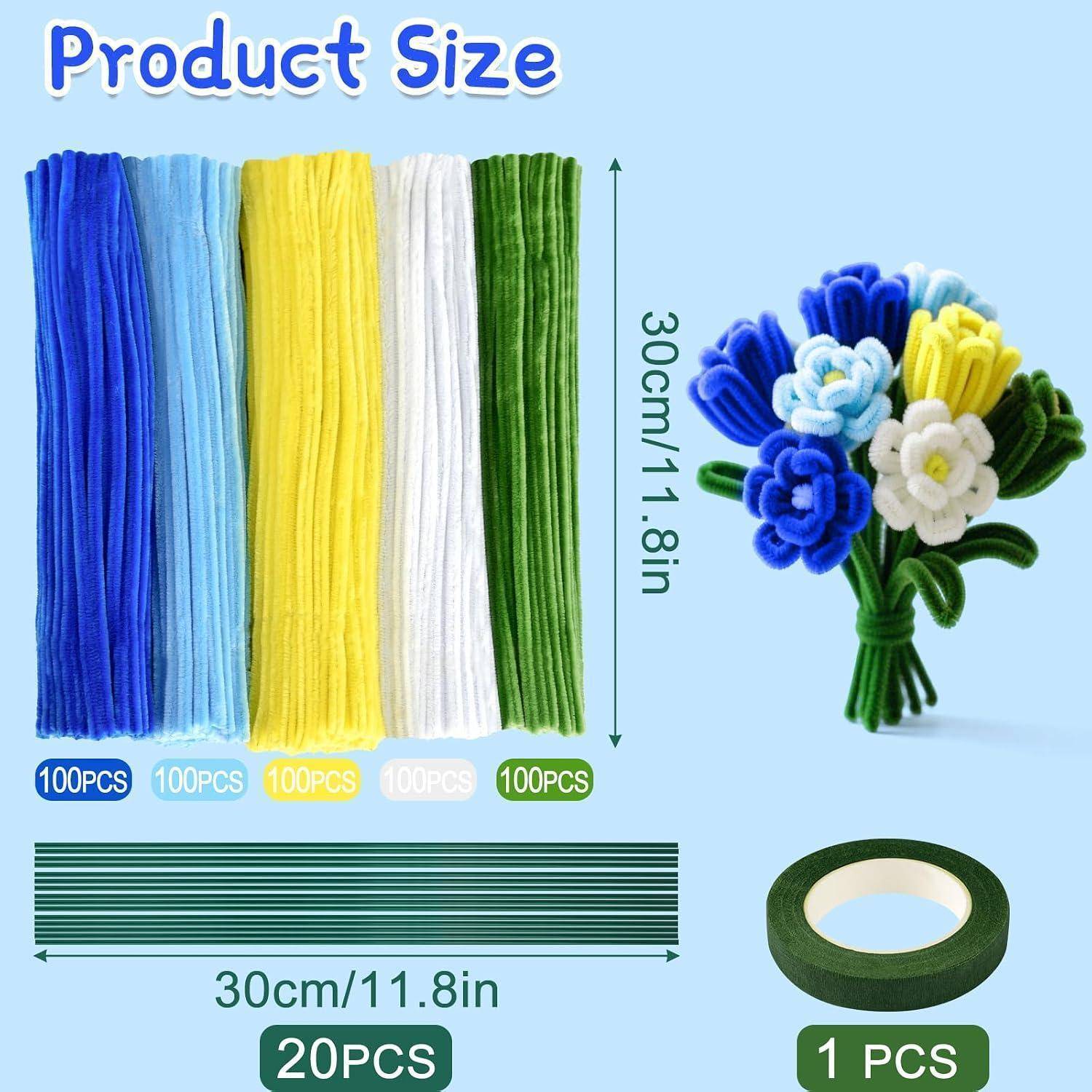 Größentabelle für Produkte mit farbigen Pfeifenreinigern, 30 cm lange Bündel mit 100 Stück, 30 cm lange Streifen mit 20 Stück und 1 Rolle grünes Klebeband, sowie ein kleines Blumensträußchen-Muster.