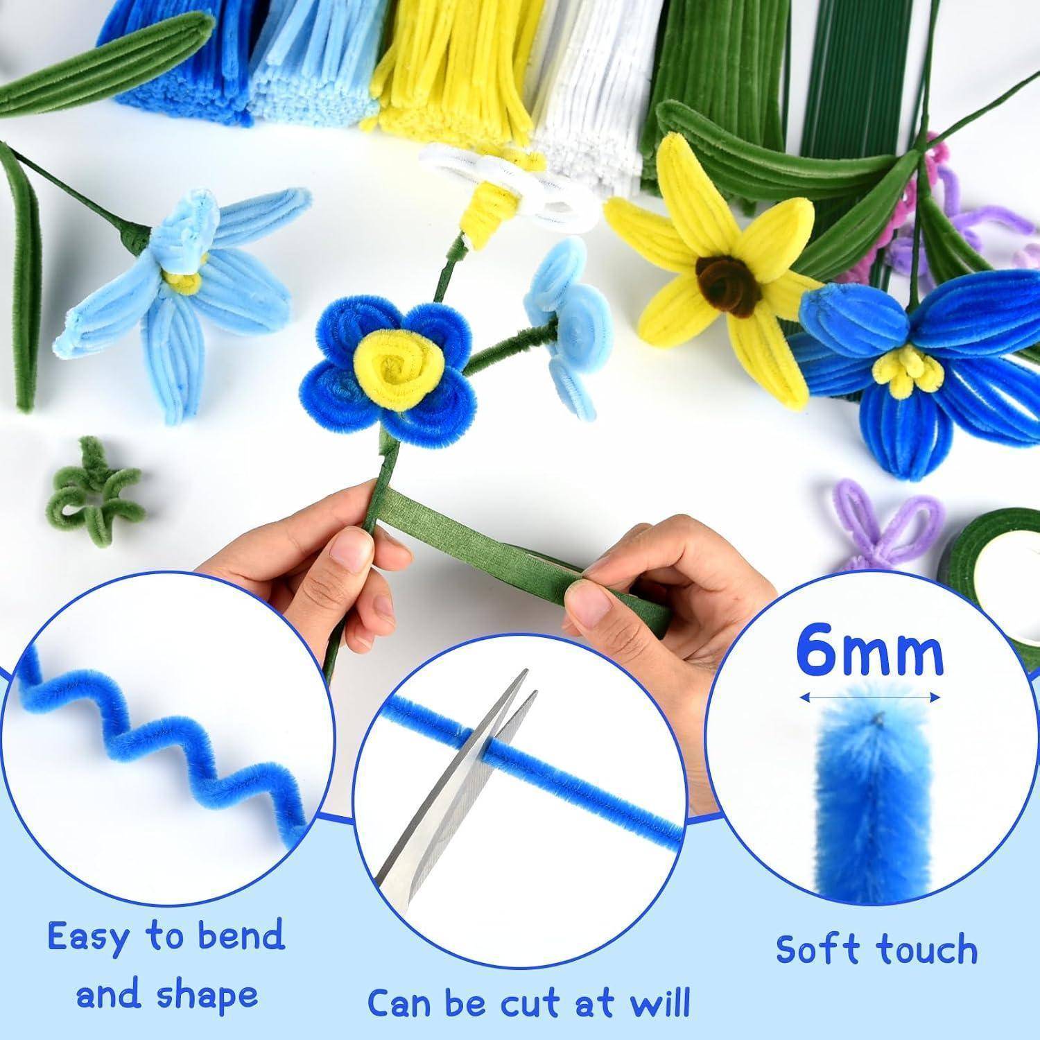 Hände formen eine blaue Pfeifenreiniger-Blume, mit anderen bunten Pfeifenreiniger-Blumen und Text-Beschriftungen: „Leicht zu biegen und zu formen