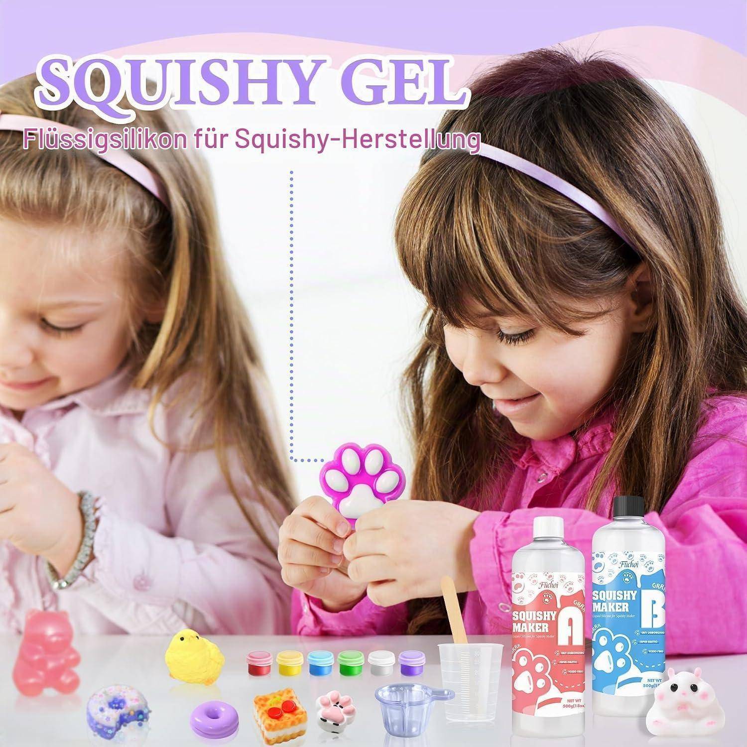 Zwei Kinder stellen Squishy-Spielzeuge mit „SQUISHY GEL