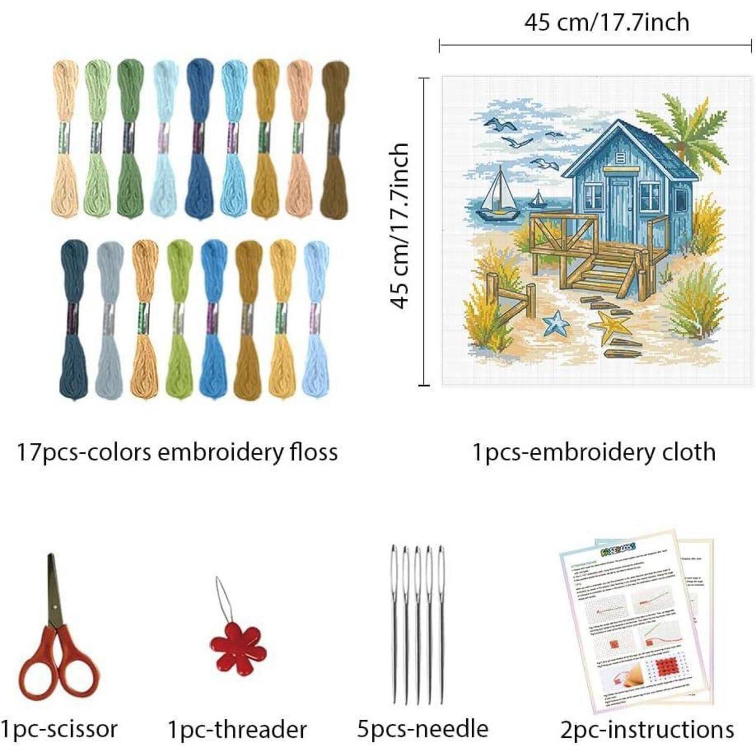 Stickerei-Set Inhalt: 17 Stickgarn-Farben, 45 cm Stickstoff mit Strandhutten-Design, Schere, Fadenführer, 5 Nadeln und 2 Anleitungsblätter.