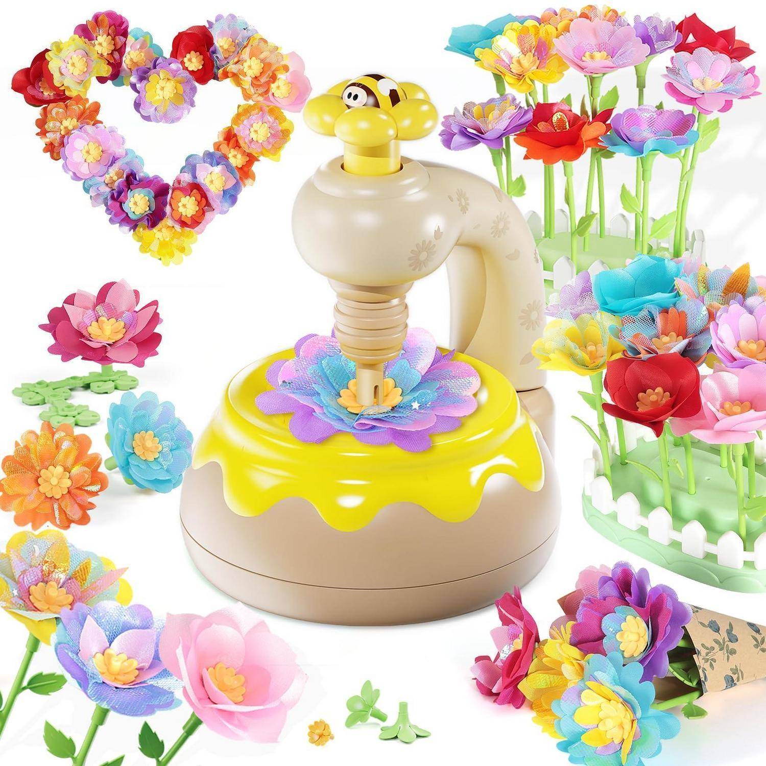Bunte Bastelblumen-Herstellungsmaschine mit geformten Blüten und Stielen, die ein herzförmiges Blumenarrangement und mehrere leuchtend farbige Kunststoffblumen-Sets auf weißem Hintergrund zeigt.