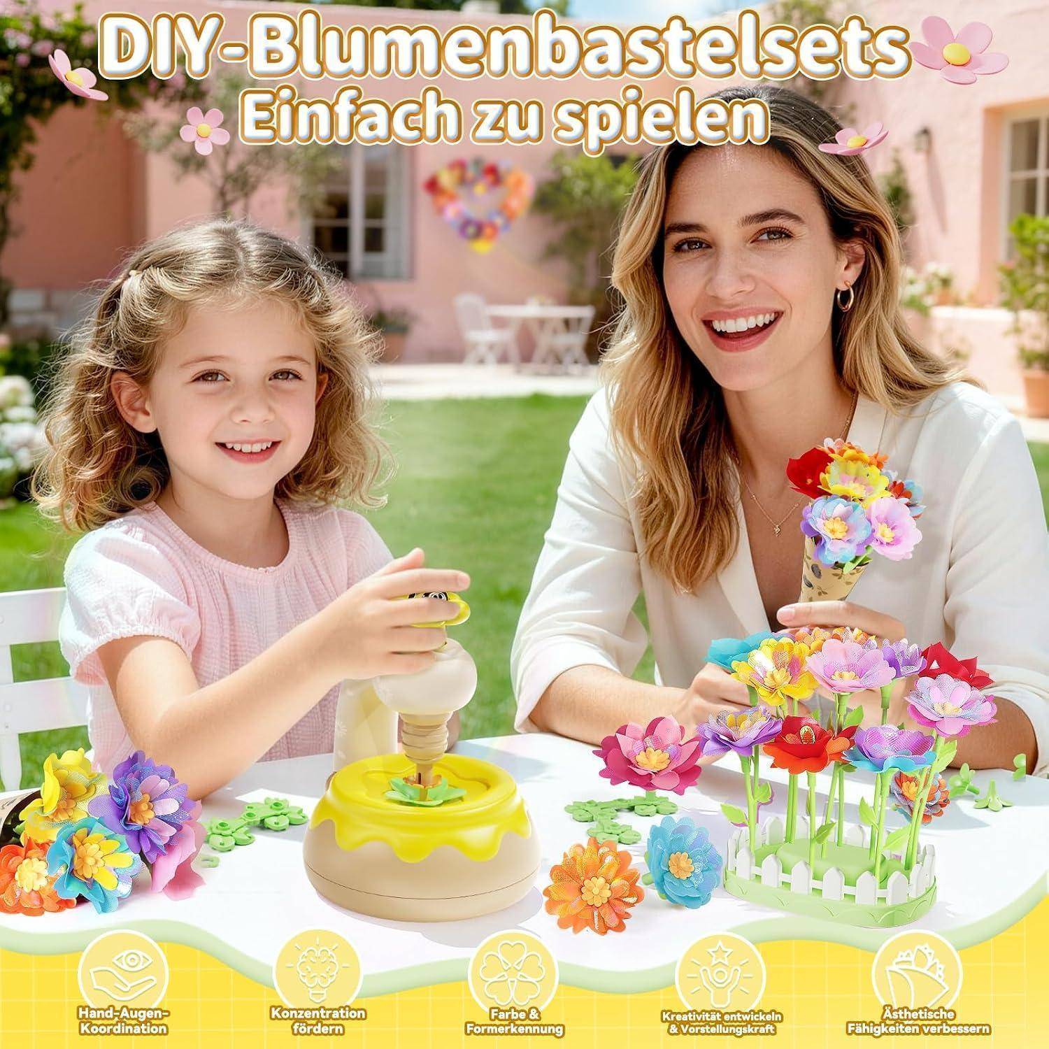 # Mädchen und Frau basteln DIY-Blumensträuße an einem Tisch im Freien, mit deutschem Text „DIY-Blumenbastelsets Einfach zu spielen