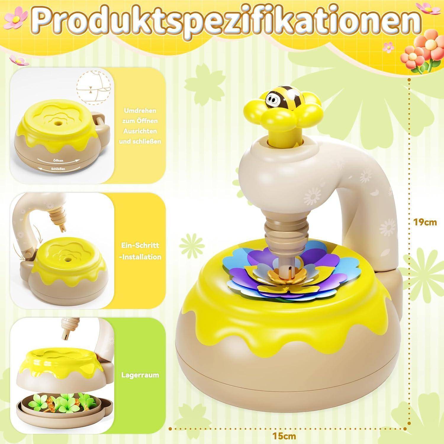 Produktspezifikationen-Plakat mit einem gelb-beigefarbigen rotierenden Blumenspielzeug mit Bienenaufsatz; enthält drei Aufbauschritte und Abmessungen von 19 cm Höhe, 15 cm Breite.