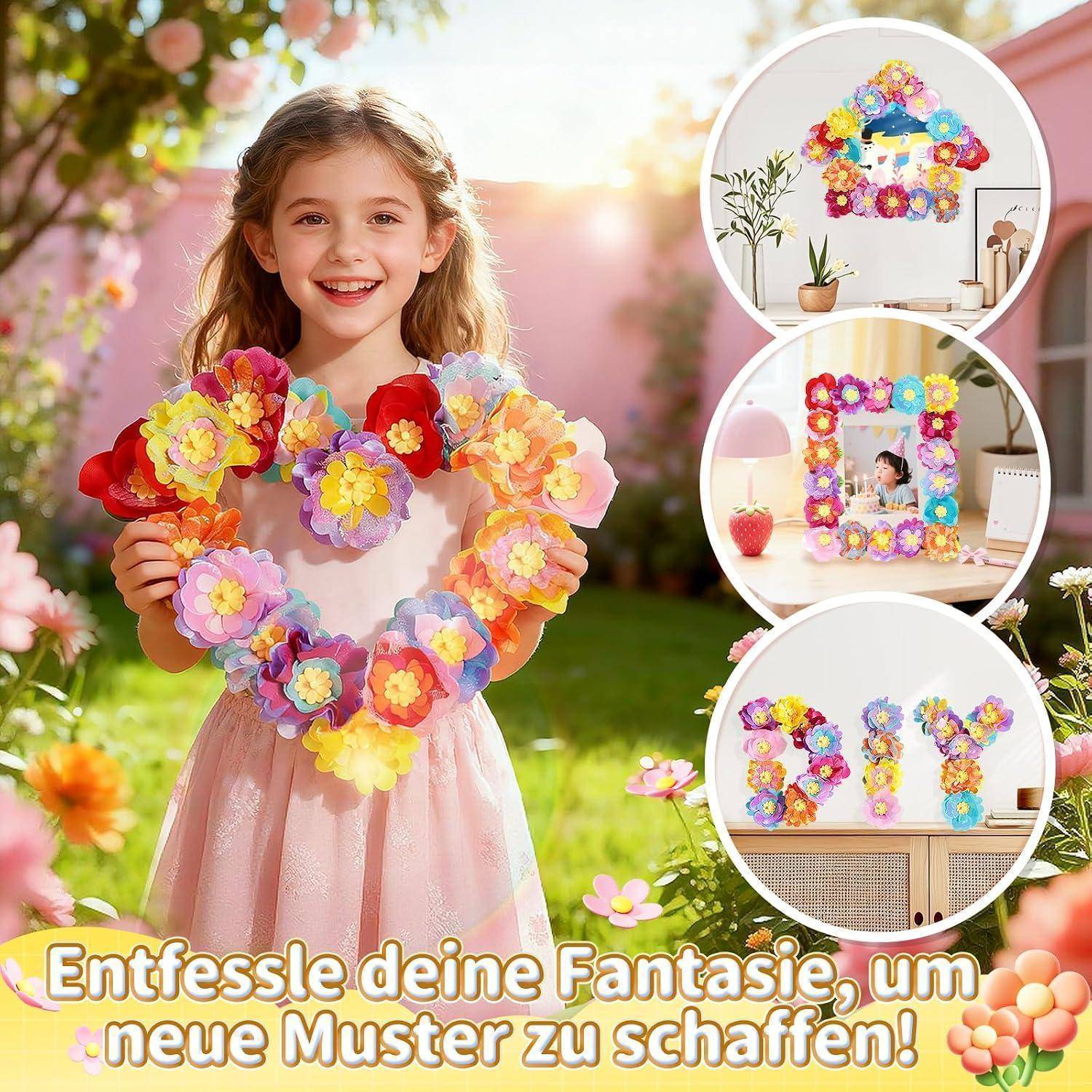 Lächelndes Mädchen, das einen bunten Blumenkranz hält; drei eingefügte Beispiele zeigen Blumenbuchstaben, eine Bildrahmenpräsentation und den deutschen Text „Entfessle deine Fantasie, um neue Muster zu schaffen!