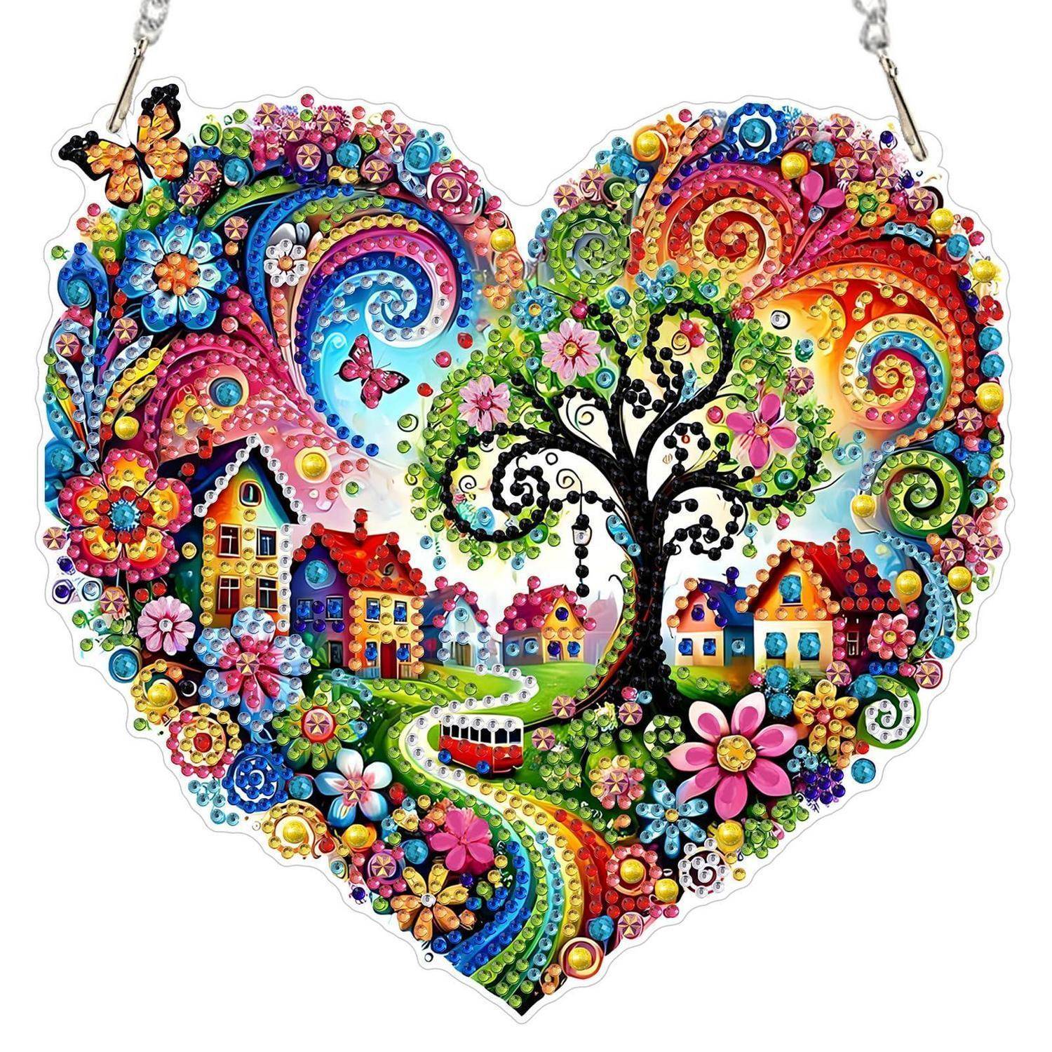 Herzförmige, farbenfrohe dekorative Szene mit einem gewundenen Regenbogenpfad, Blumen, Häusern und einem Baum, der an zwei Ketten hängt.