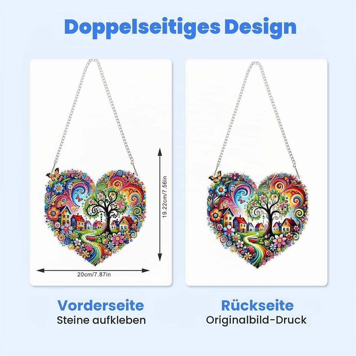 Herzförmiges Wandkunstwerk, von vorne und hinten gezeigt: Die linke Seite zeigt „Vorderseite, Steine aufkleben